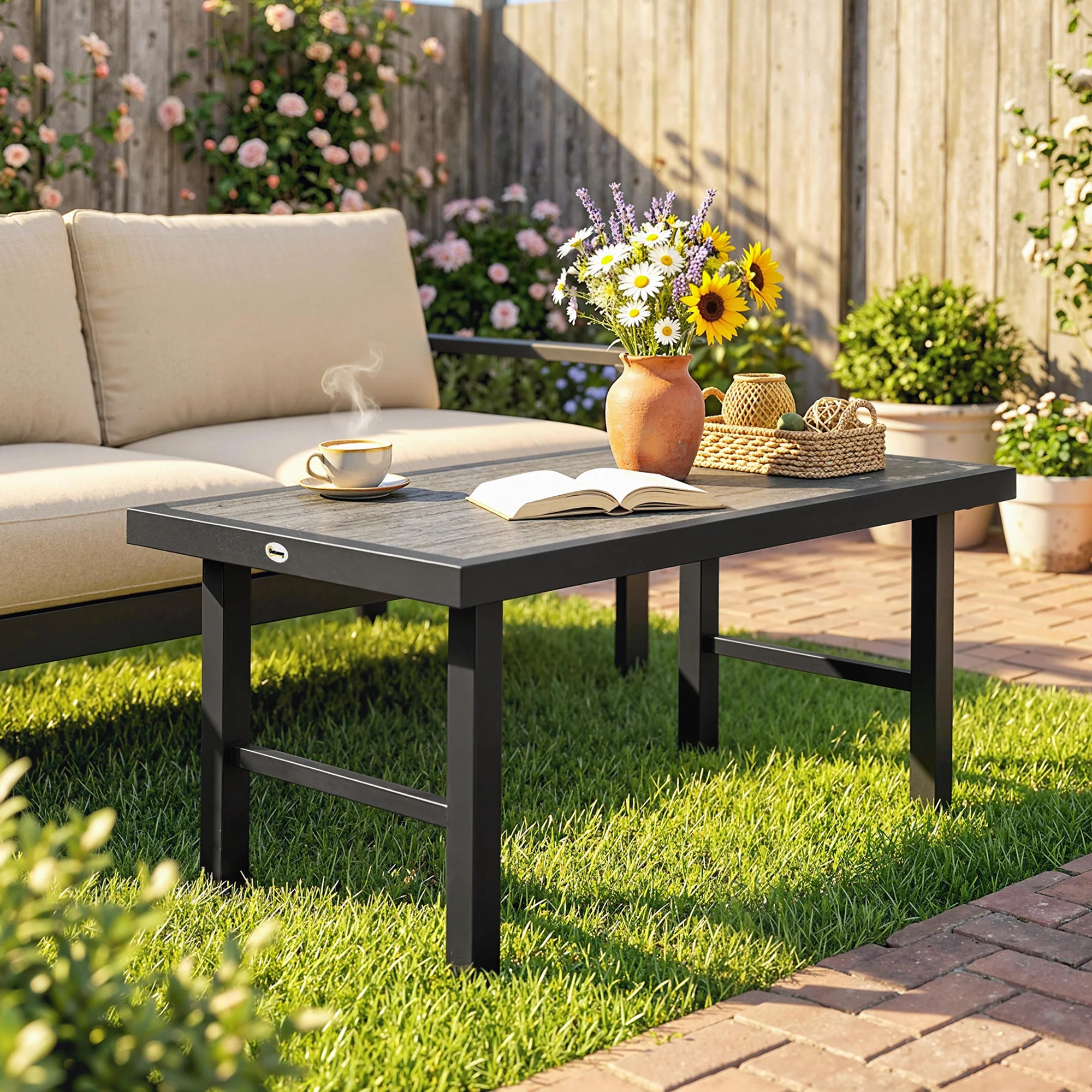 Outsunny Garden Coffee Table with SPC Woodgrain Tabletop, Dark Grey - Image 9