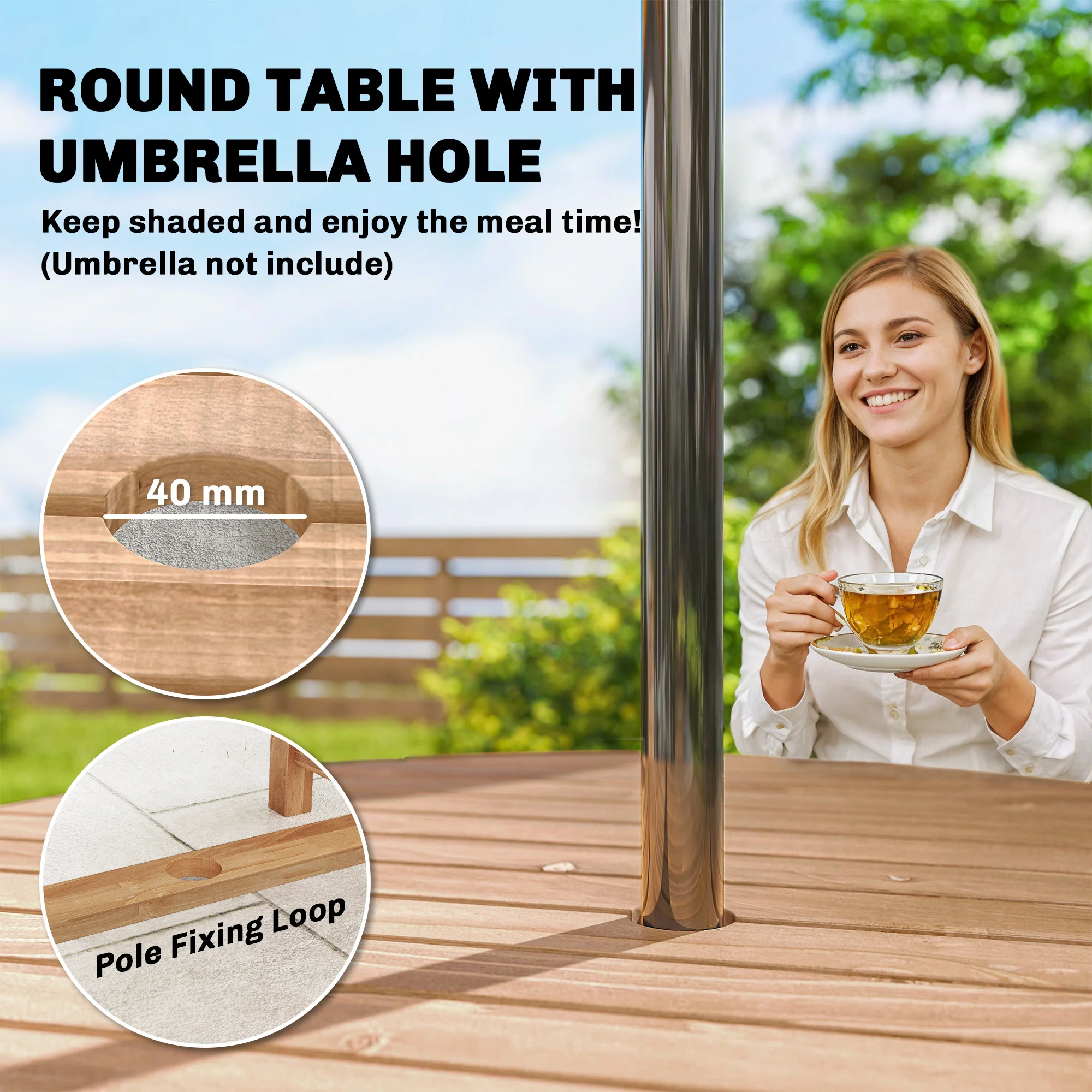 Outsunny Garden Dining Set, Round Table and Chairs w/ Parasol Hole, Natural - Image 5