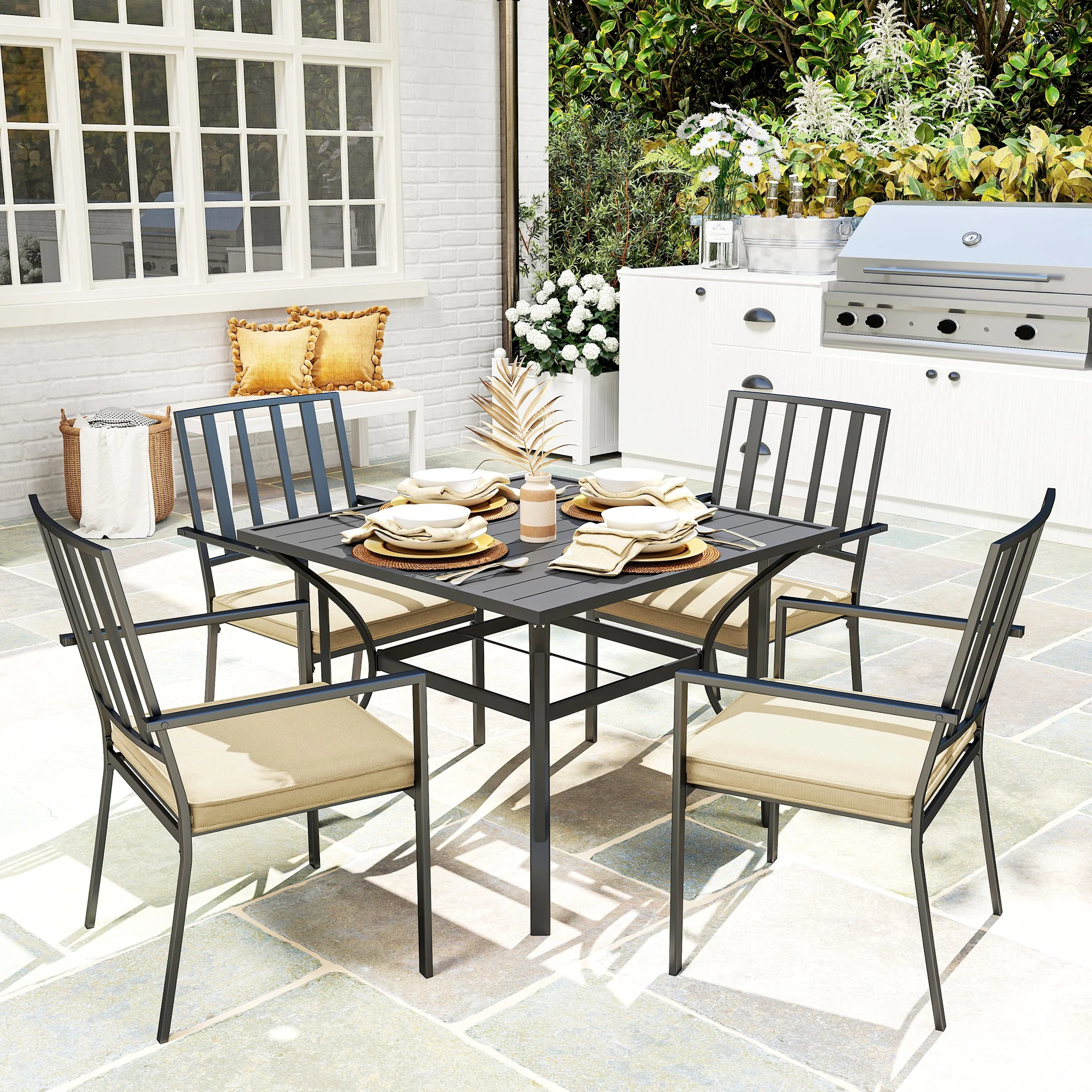 Outsunny Garden Dining Set W/ 4 Stackable Cushioned Chairs And Metal Top Table - Image 2