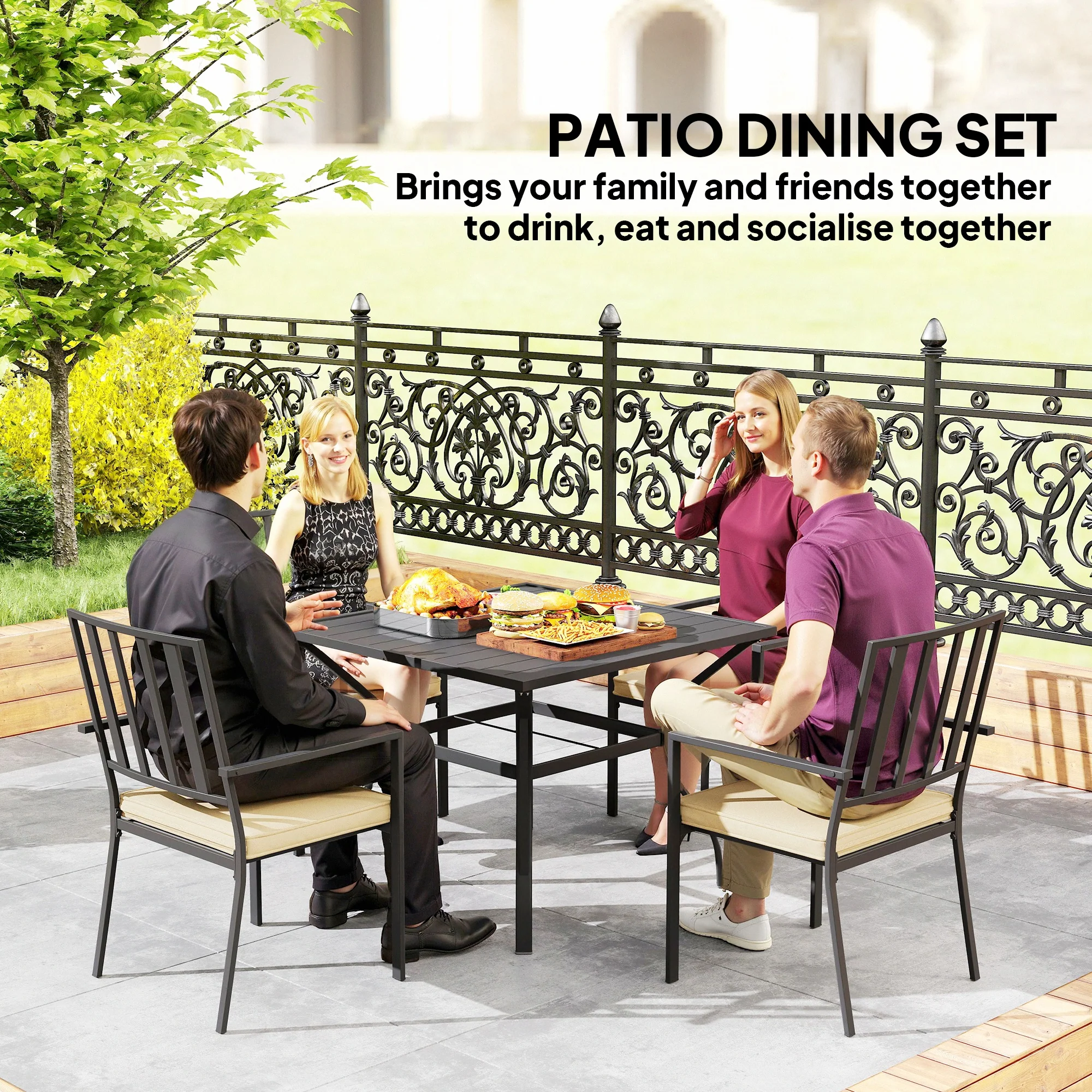 Outsunny Garden Dining Set W/ 4 Stackable Cushioned Chairs And Metal Top Table - Image 6