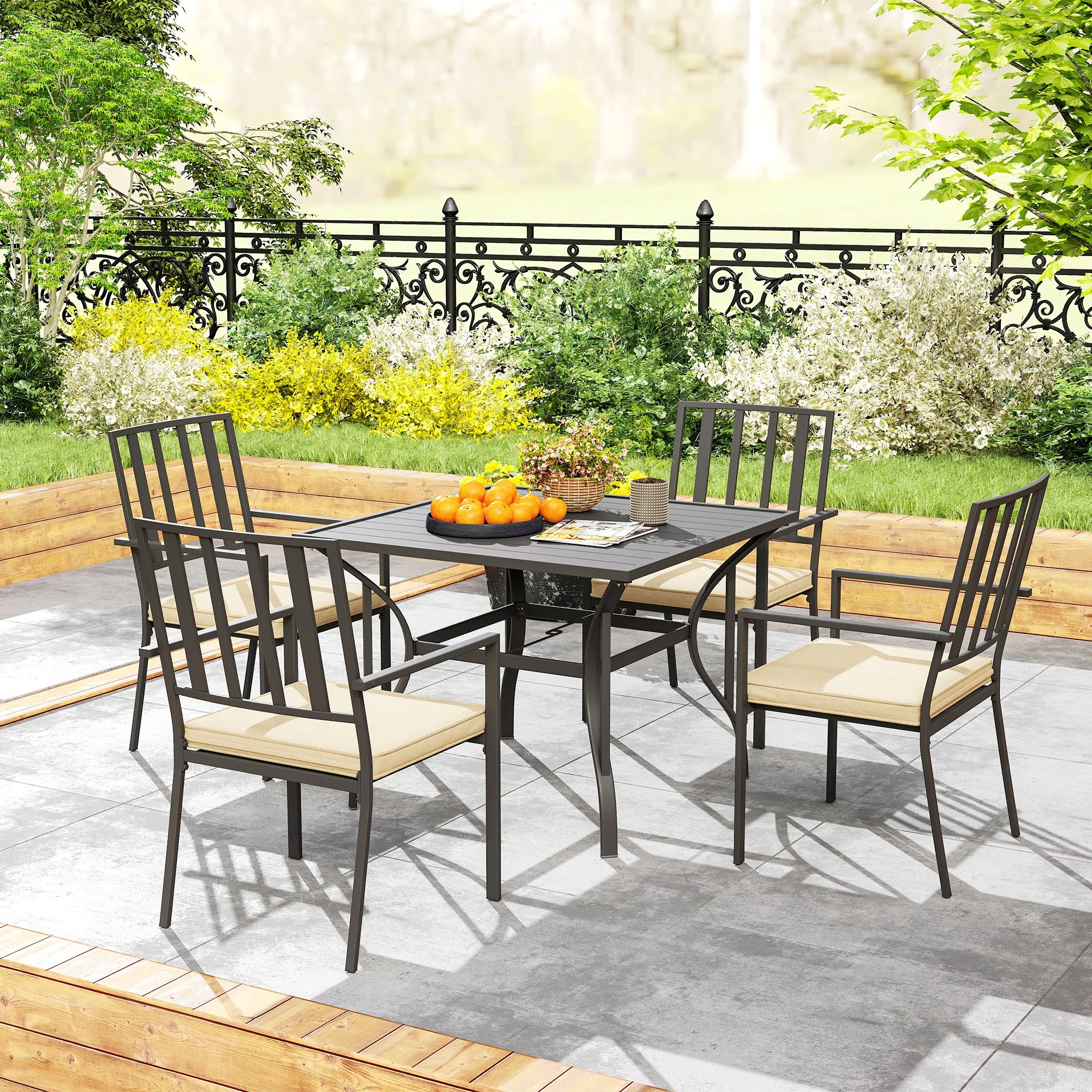 Outsunny Garden Dining Set W/ 4 Stackable Cushioned Chairs And Metal Top Table - Image 8