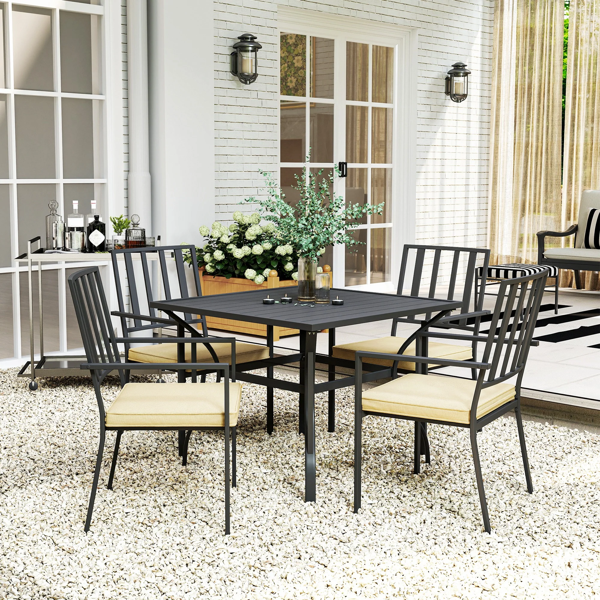 Outsunny Garden Dining Set W/ 4 Stackable Cushioned Chairs And Metal Top Table - Image 9