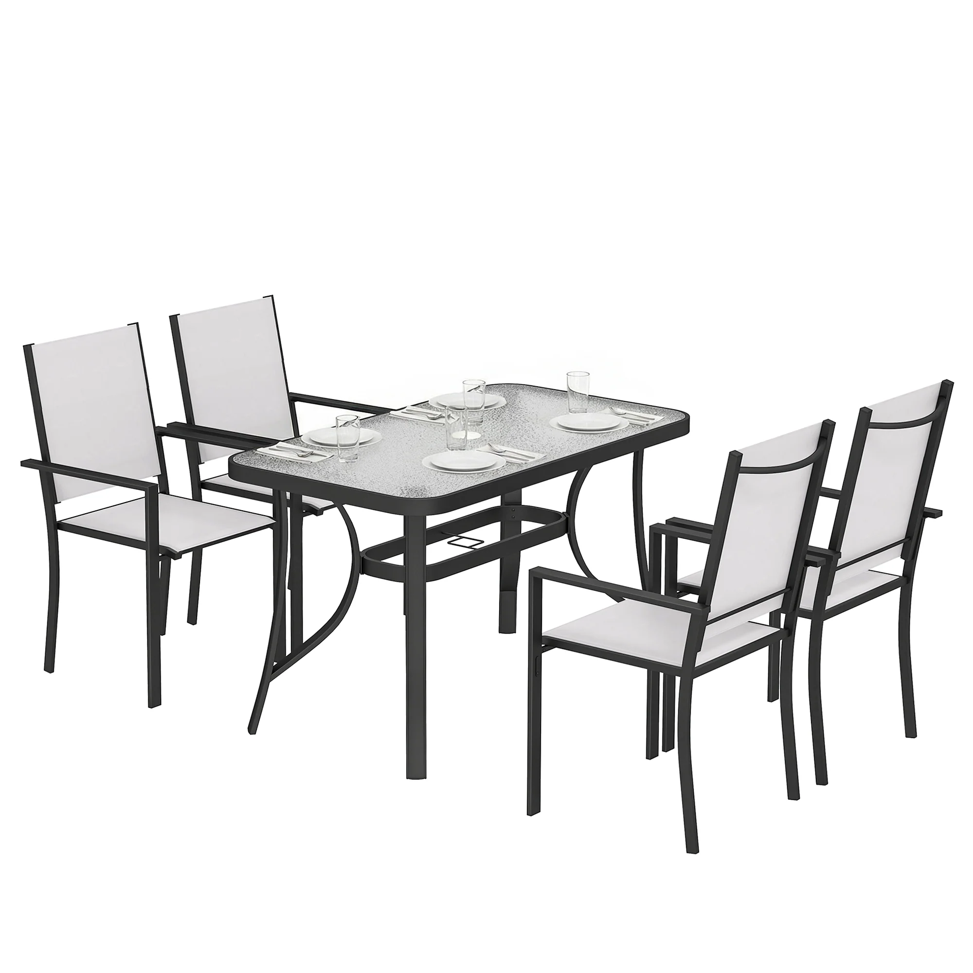 Outsunny Garden Dining Set With Umbrella Hole, Stackable Chairs, Light Grey