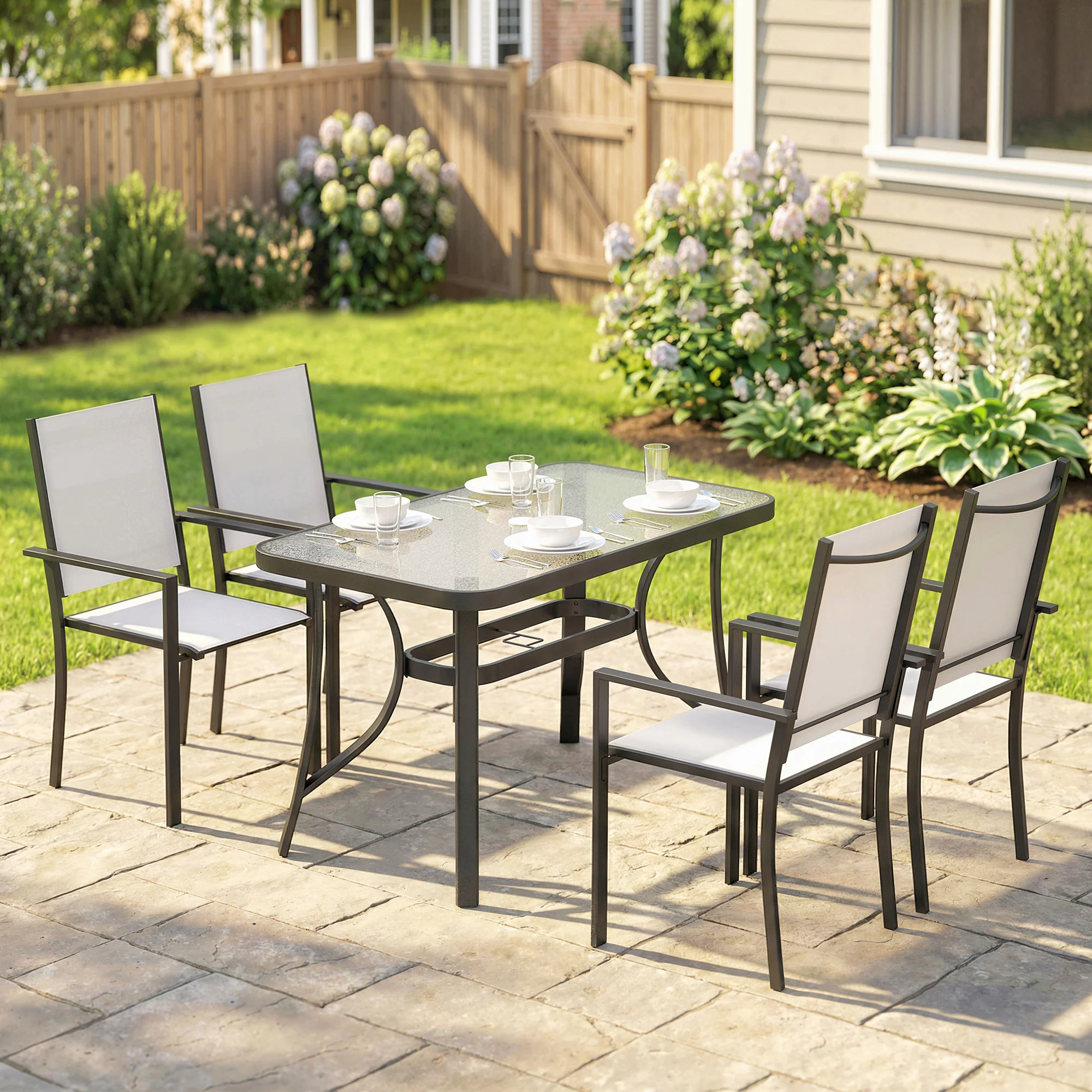 Outsunny Garden Dining Set With Umbrella Hole, Stackable Chairs, Light Grey - Image 2