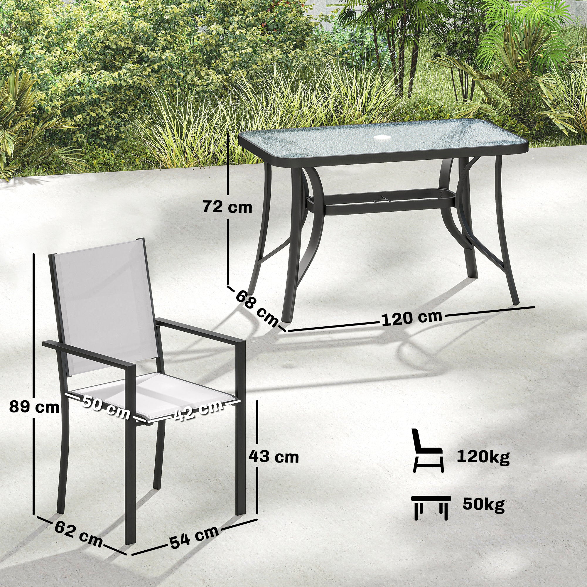Outsunny Garden Dining Set With Umbrella Hole, Stackable Chairs, Light Grey - Image 3