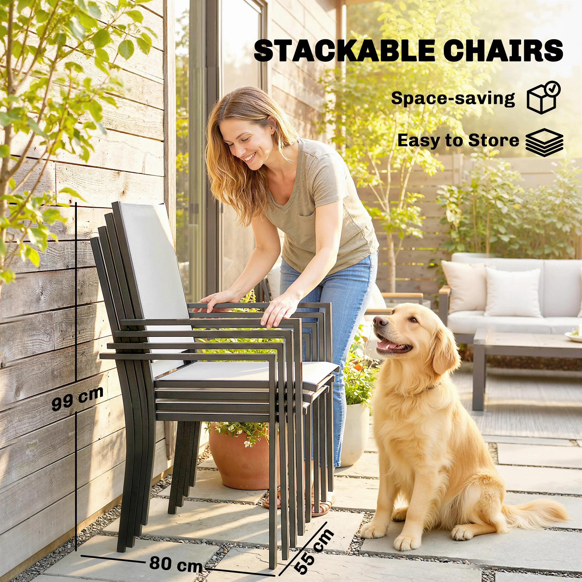 Outsunny Garden Dining Set With Umbrella Hole, Stackable Chairs, Light Grey - Image 5