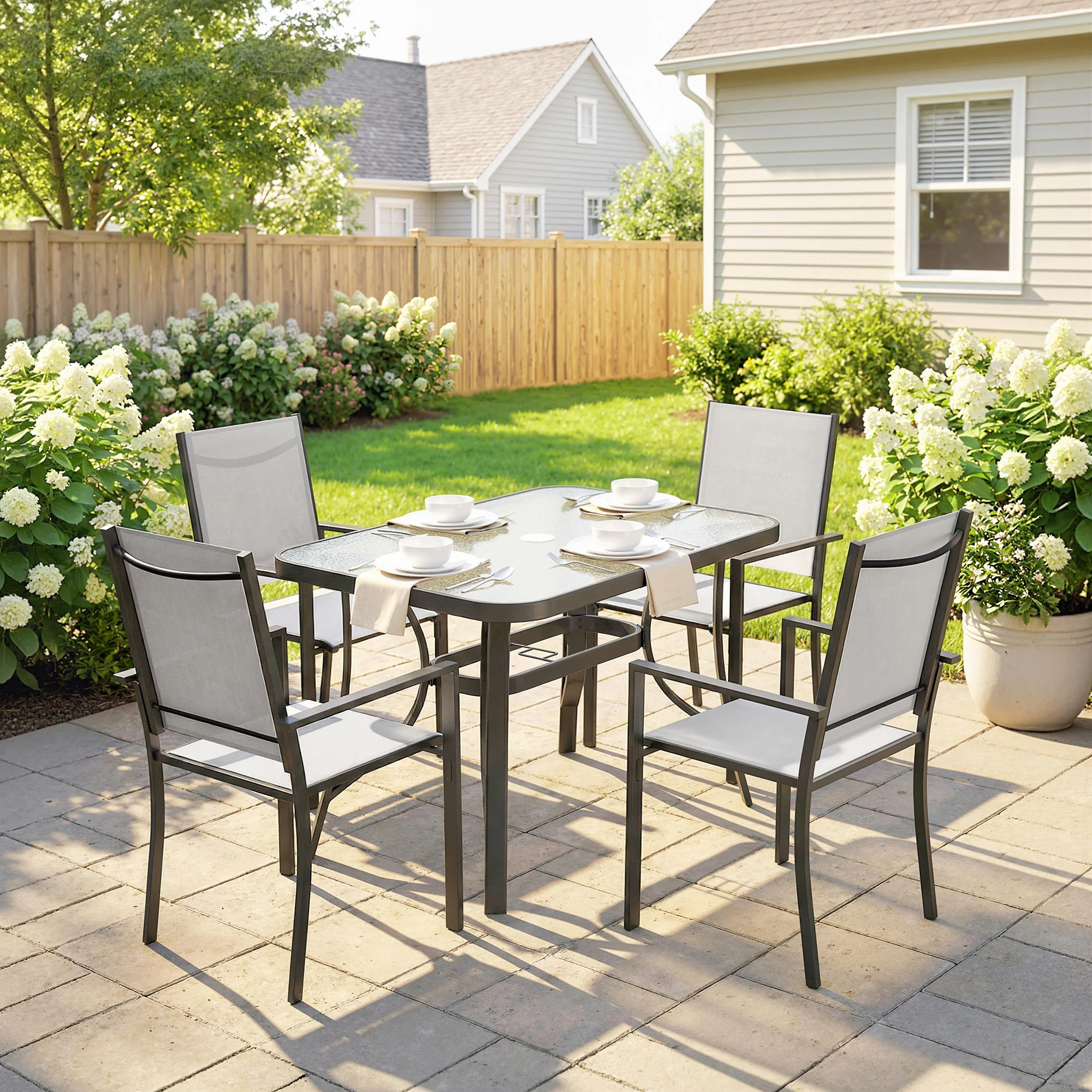 Outsunny Garden Dining Set With Umbrella Hole, Stackable Chairs, Light Grey - Image 9