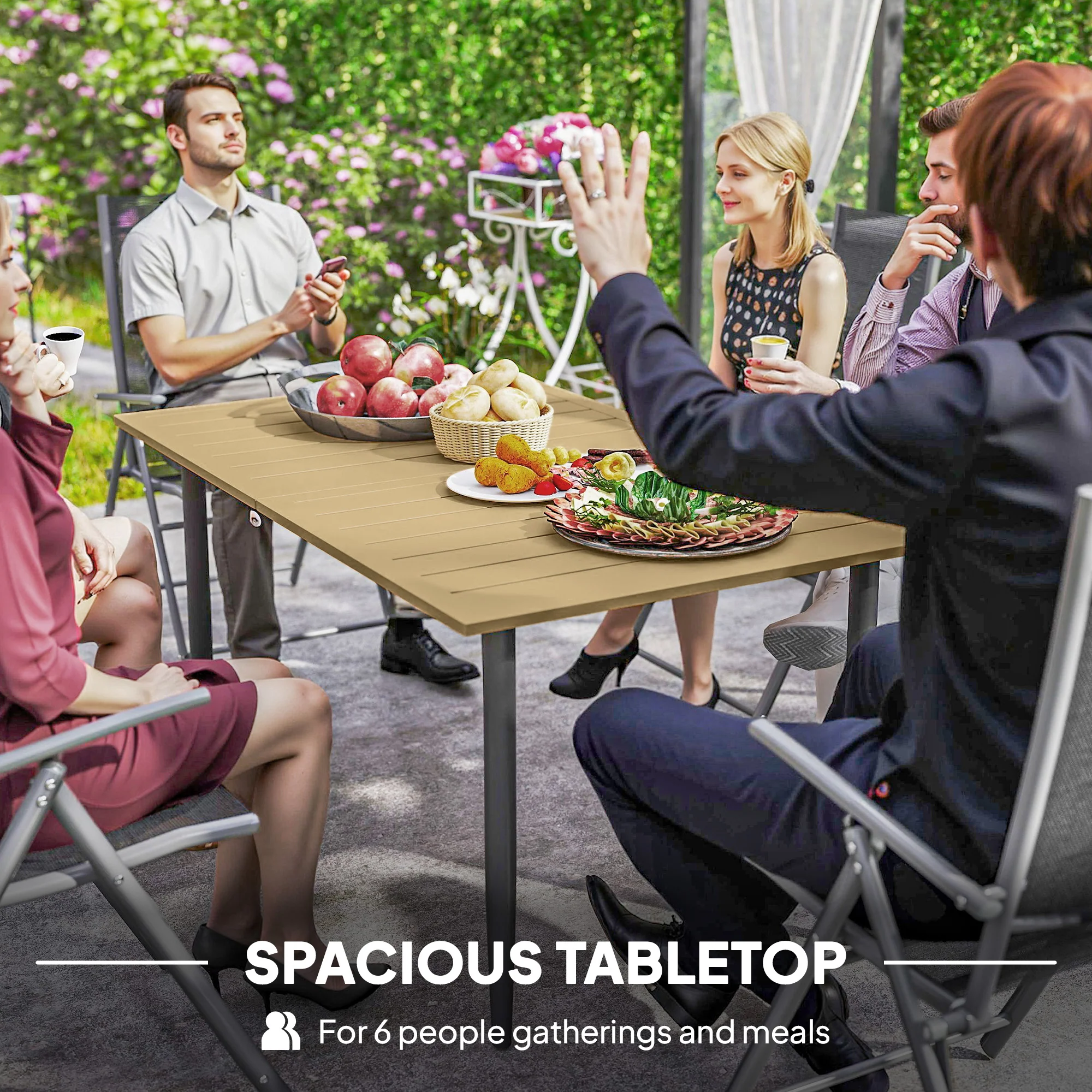 Outsunny Garden Dining Table for 6 Person with Parasol Hole, Brown - Image 3