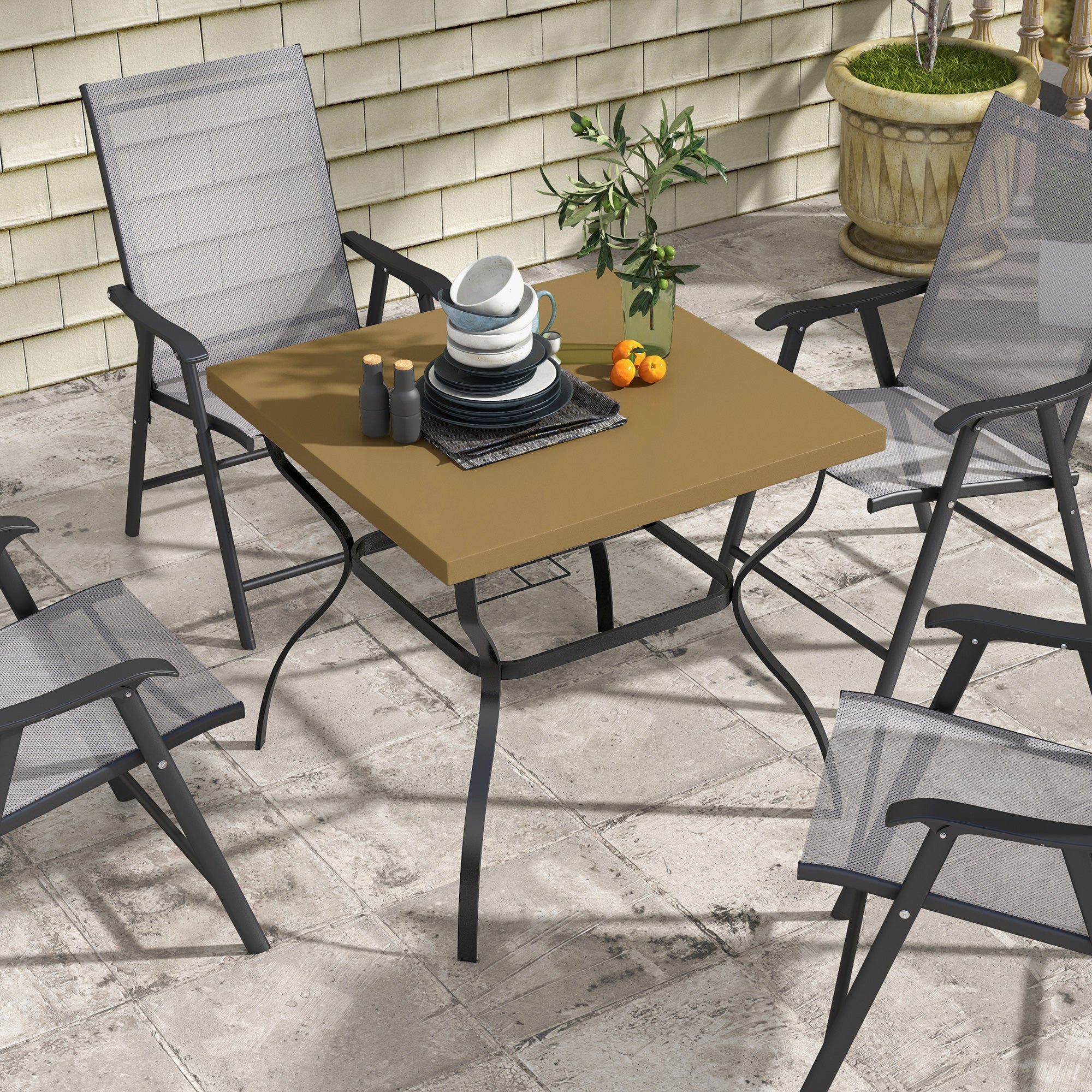 Outsunny Garden Dining Table w/ Umbrella Hole, Dining Table for 4, Brown - Image 2