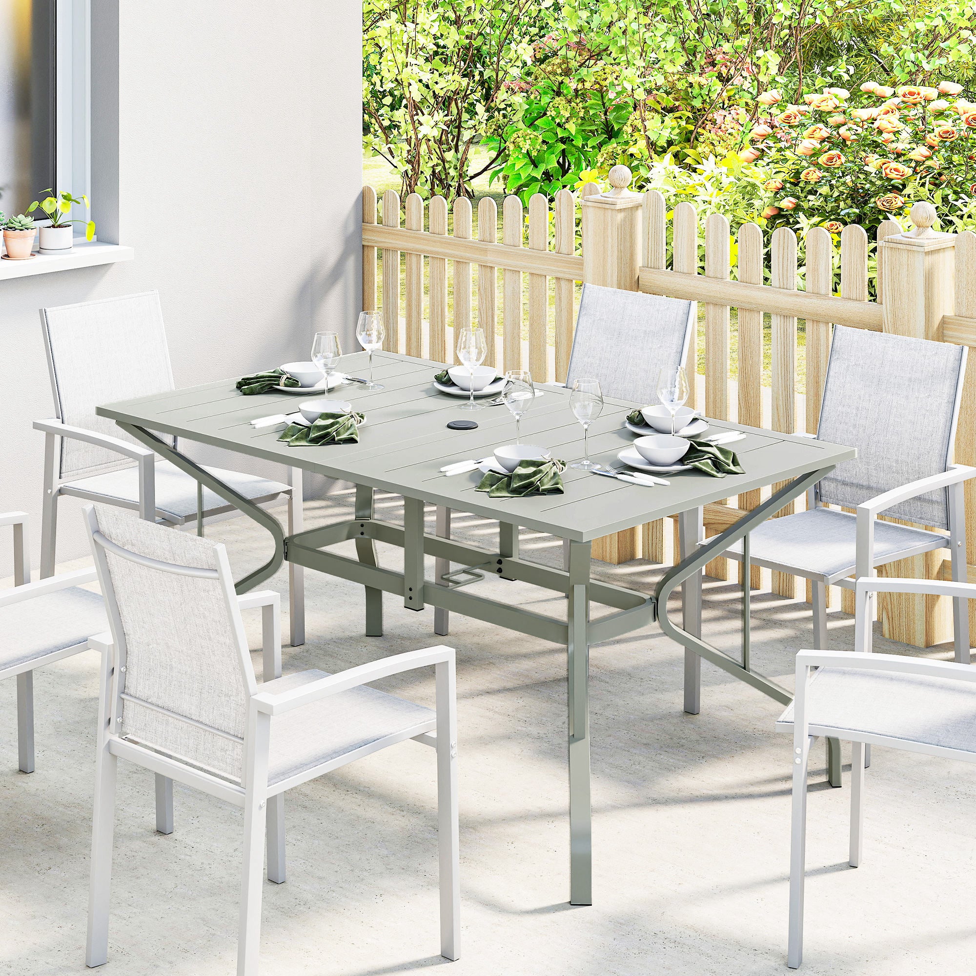 Outsunny Garden Dining Table with Steel Frame and Slatted Top, Light Grey - Image 2