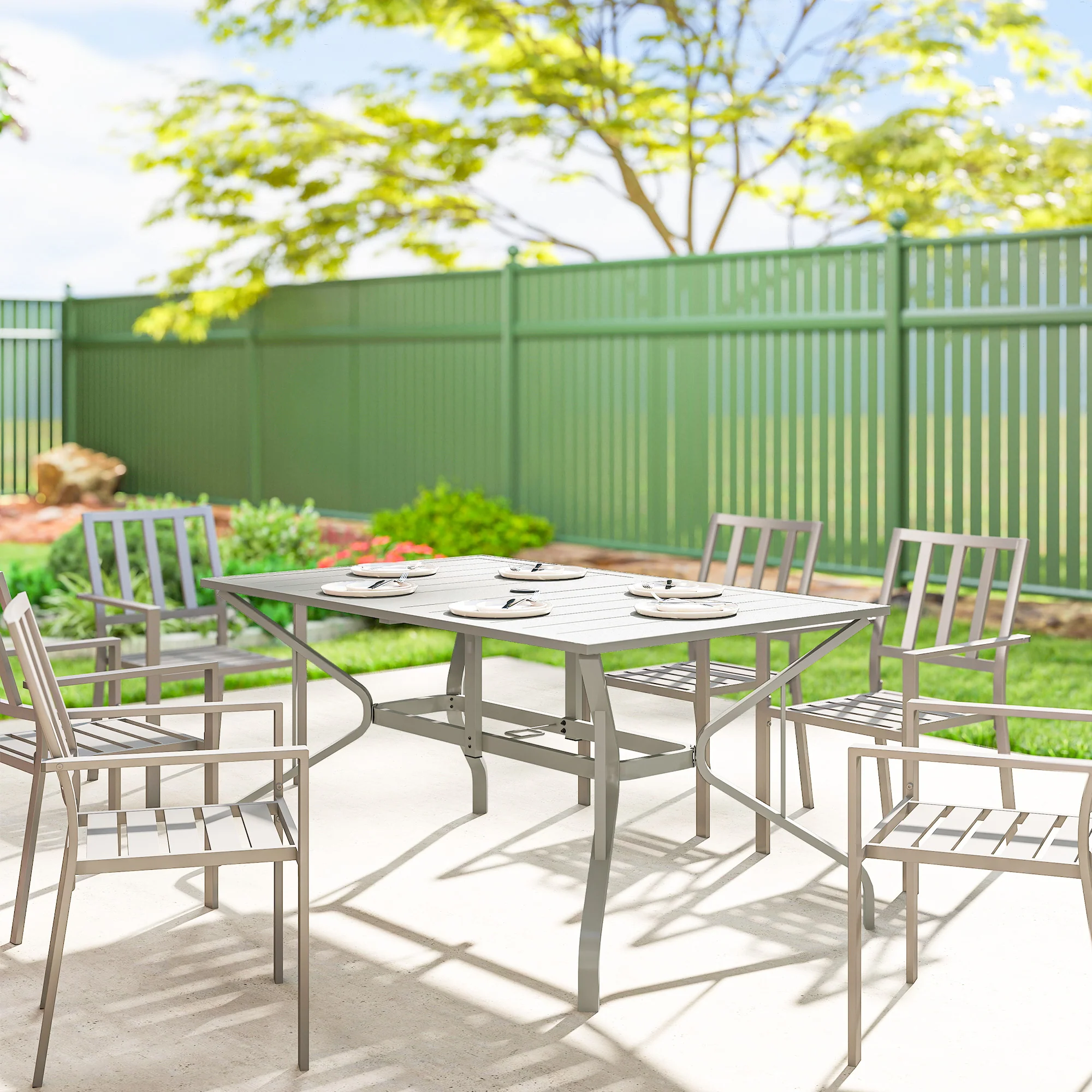 Outsunny Garden Dining Table with Steel Frame and Slatted Top, Light Grey - Image 9