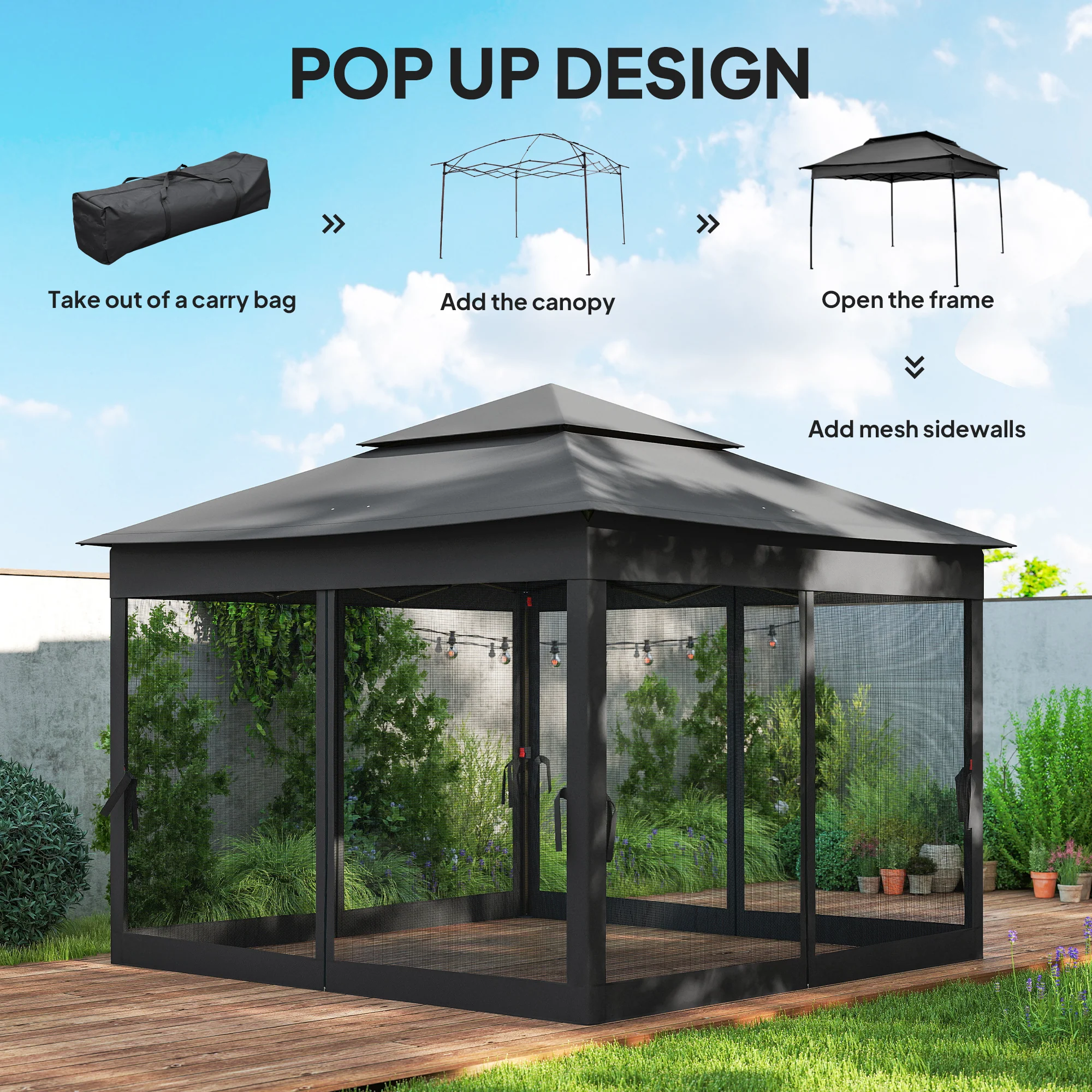 Outsunny Garden Folding Tent Heavy Duty Pop Up Gazebo for Party Black - Image 3