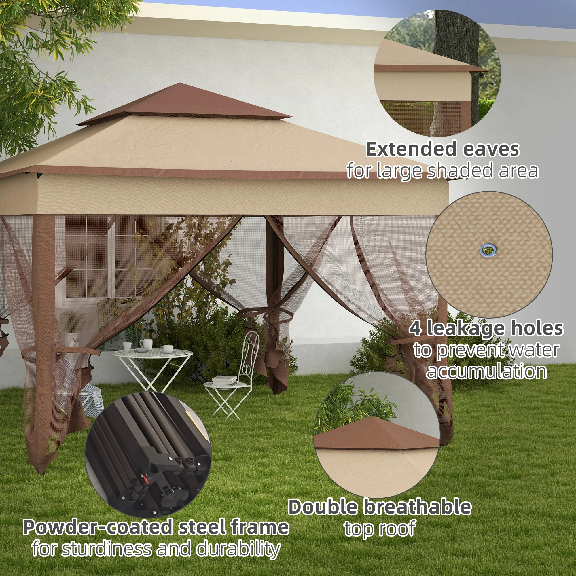 Outsunny Garden Folding Tent Heavy Duty Pop Up Gazebo for Party Khaki - Image 7