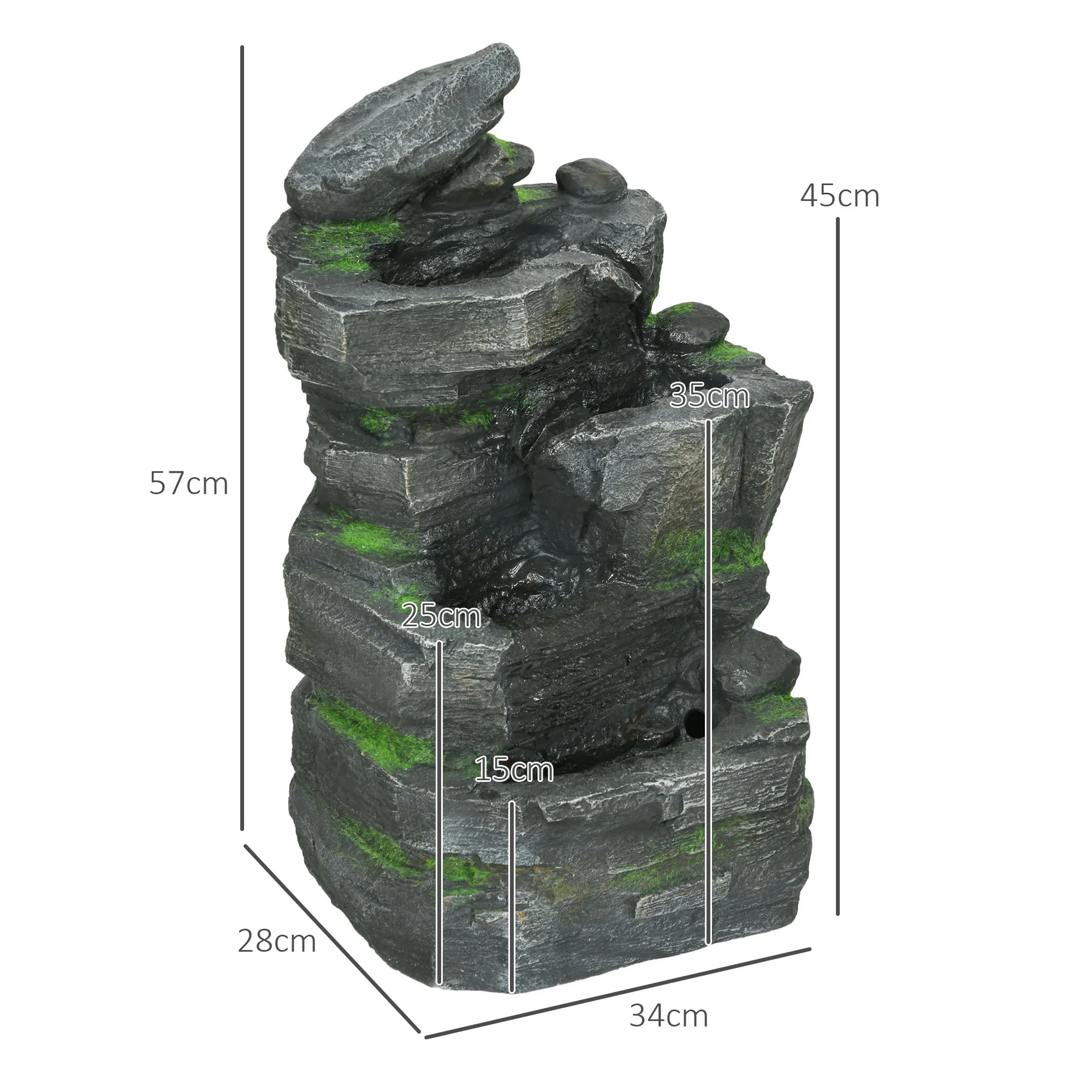 Outsunny Garden Fountain, Outdoor Water Feature With LED Light, Dark Grey - Image 5