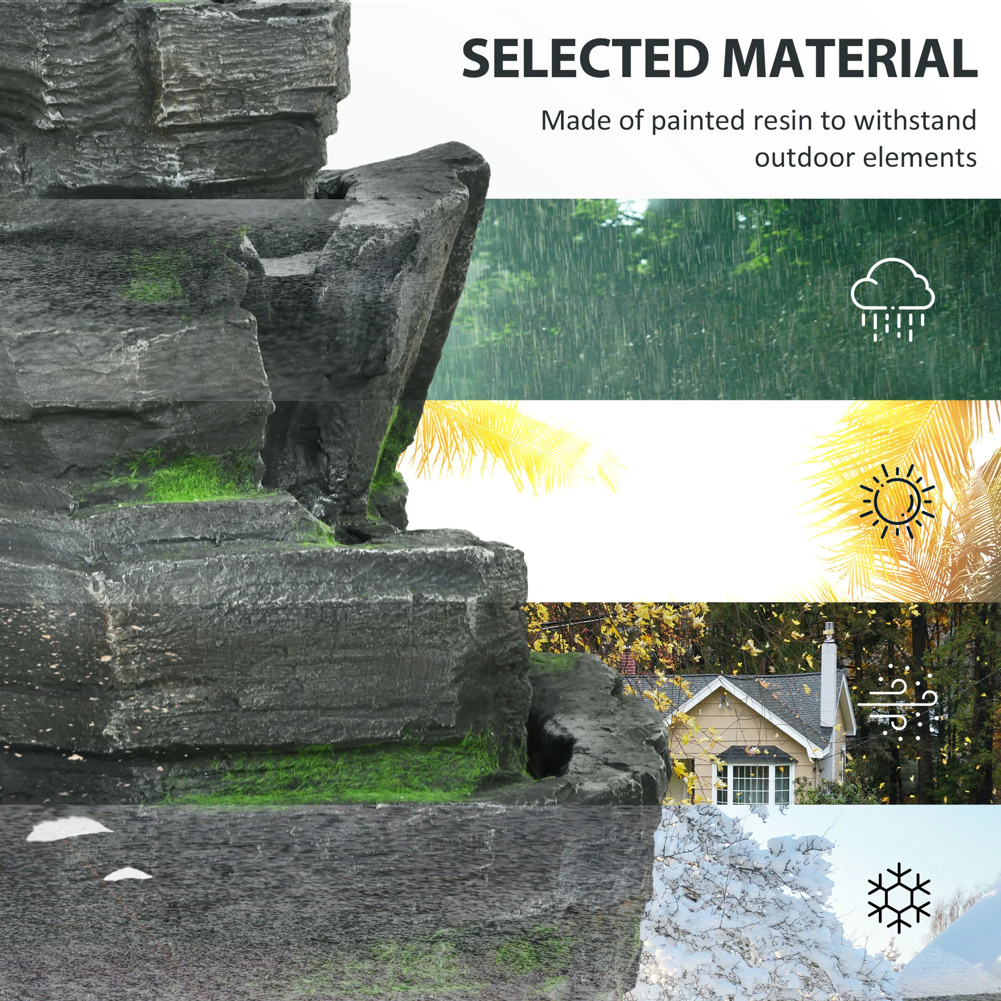 Outsunny Garden Fountain, Outdoor Water Feature With LED Light, Dark Grey - Image 7