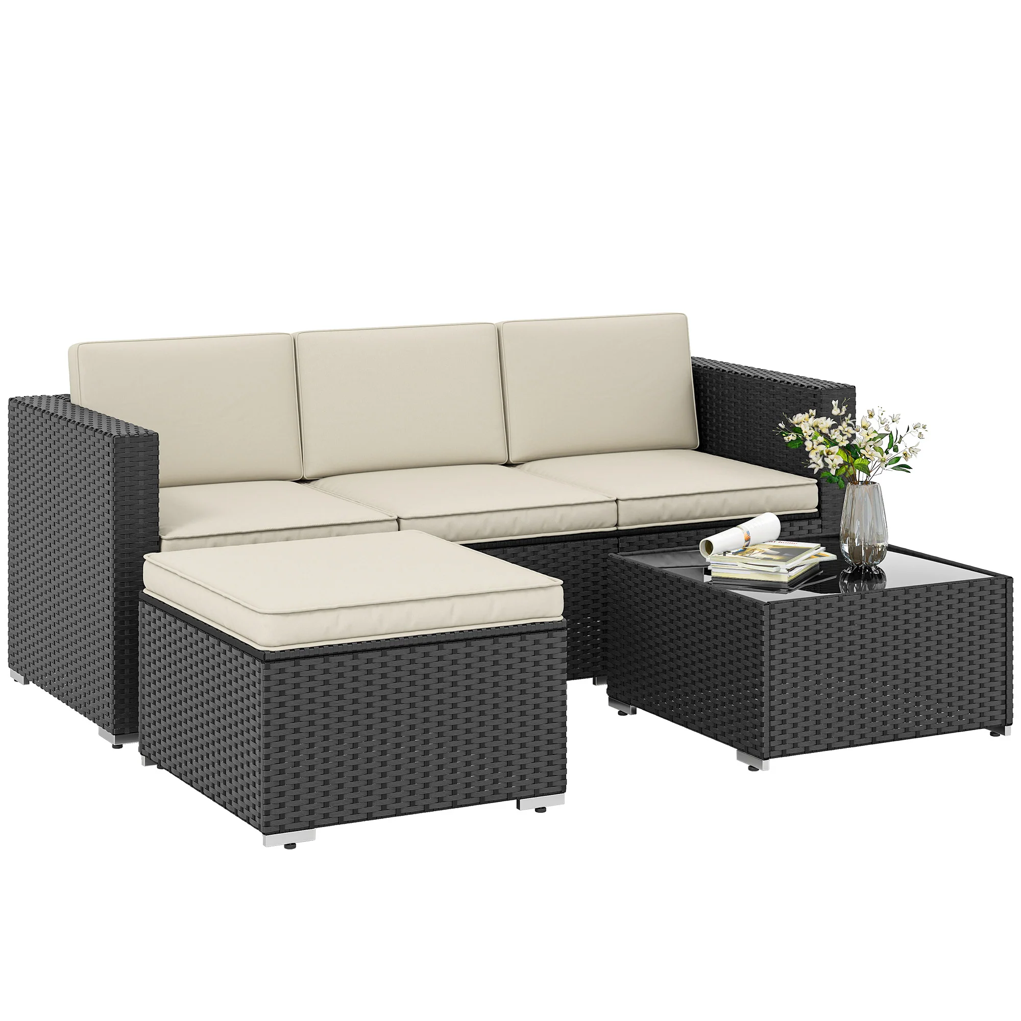 Outsunny Garden Furniture Set W/ Padded Cushions Corner Sofa Set, Black
