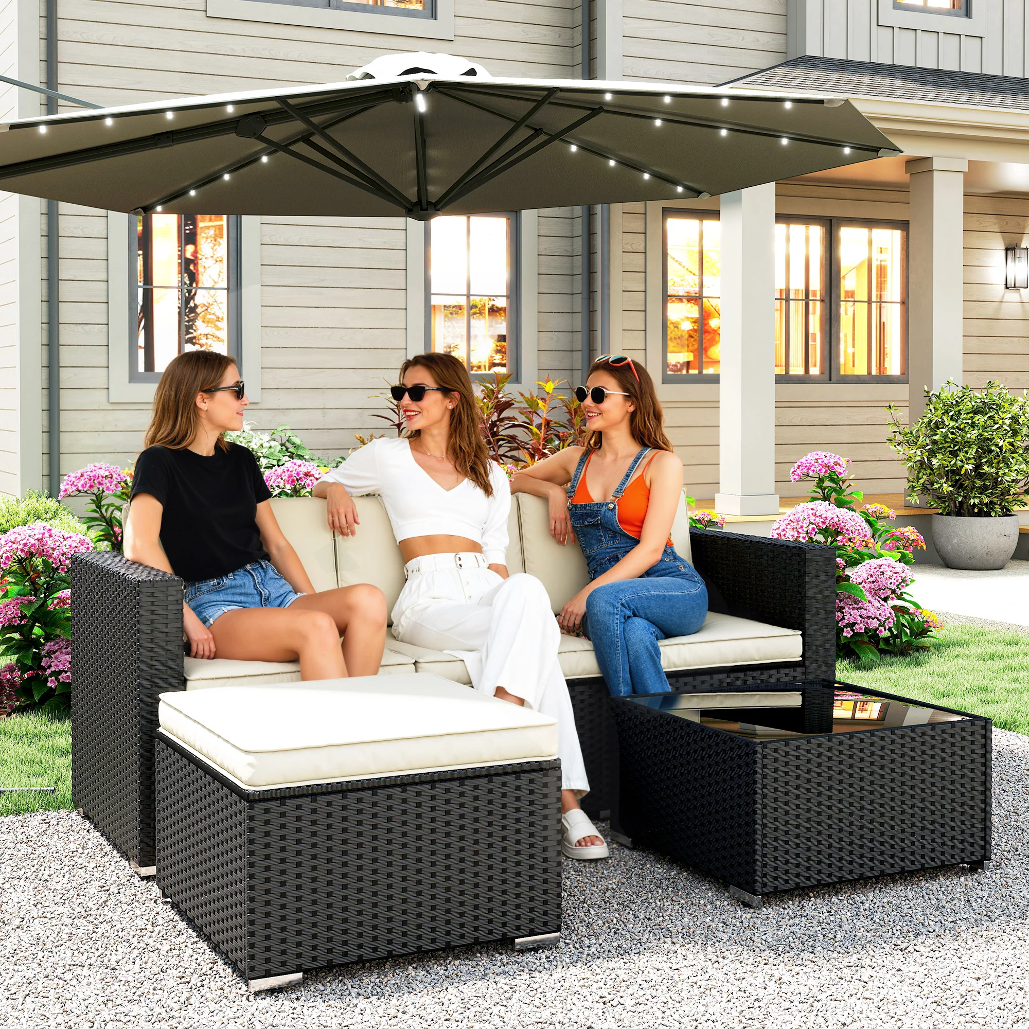 Outsunny Garden Furniture Set W/ Padded Cushions Corner Sofa Set, Black - Image 2