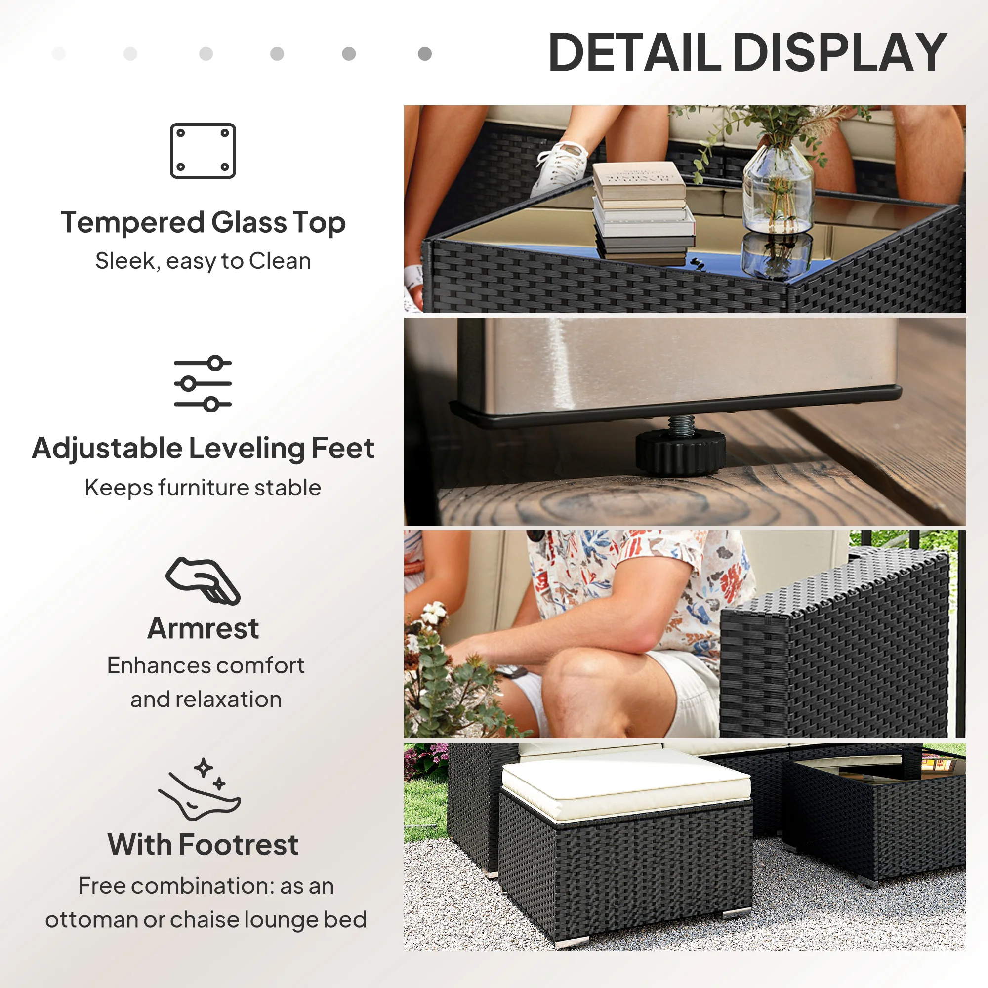 Outsunny Garden Furniture Set W/ Padded Cushions Corner Sofa Set, Black - Image 6