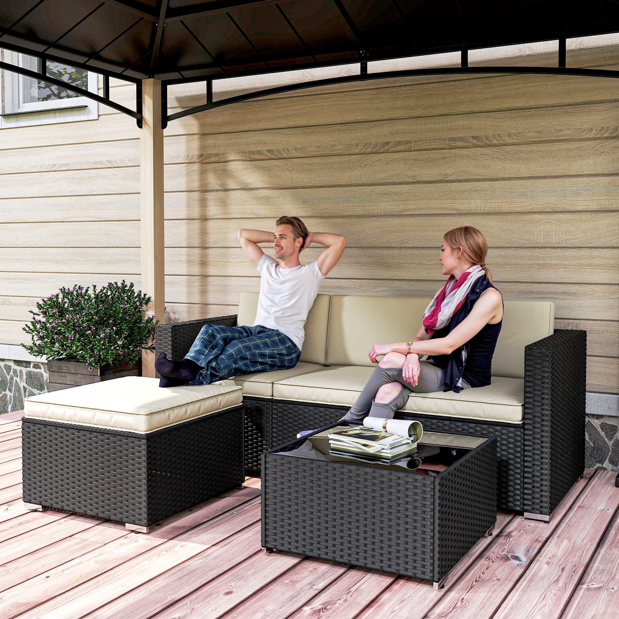 Outsunny Garden Furniture Set W/ Padded Cushions Corner Sofa Set, Black - Image 7