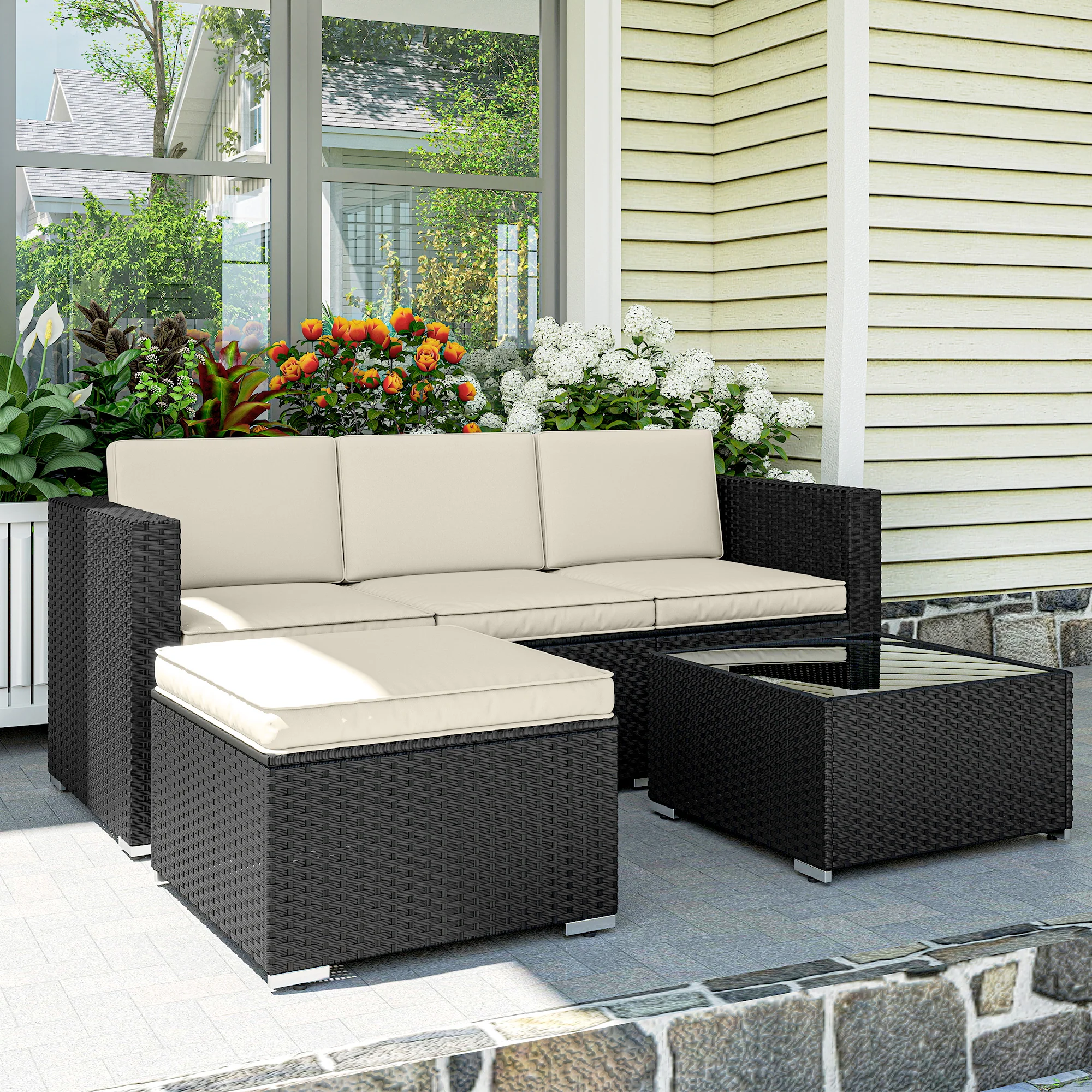 Outsunny Garden Furniture Set W/ Padded Cushions Corner Sofa Set, Black - Image 8