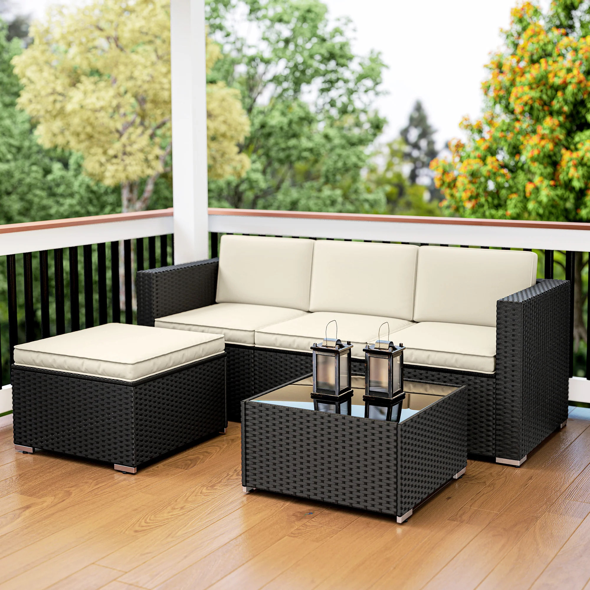 Outsunny Garden Furniture Set W/ Padded Cushions Corner Sofa Set, Black - Image 9