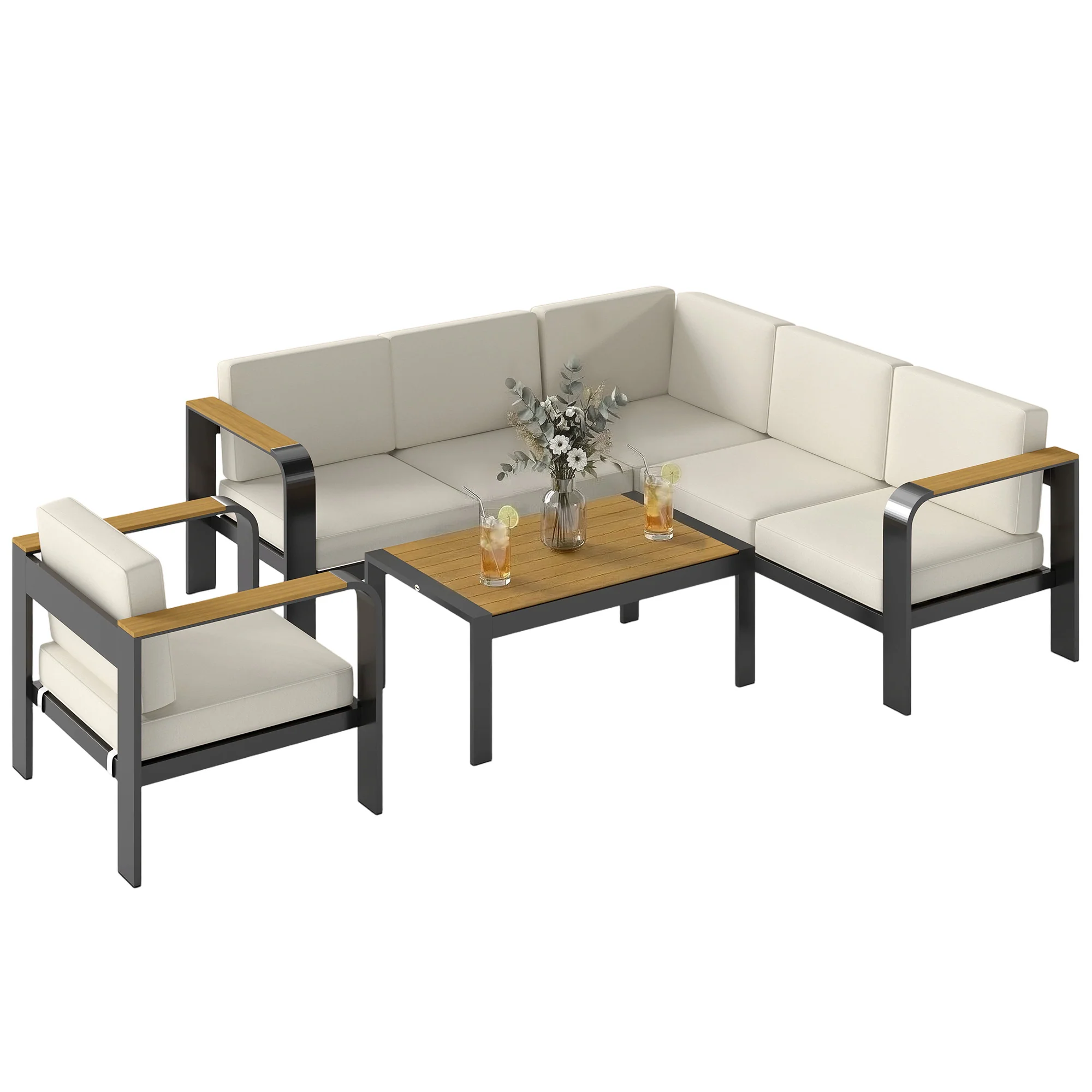 Outsunny Garden Furniture Set with L-Shaped Sofa, Armchair and Table