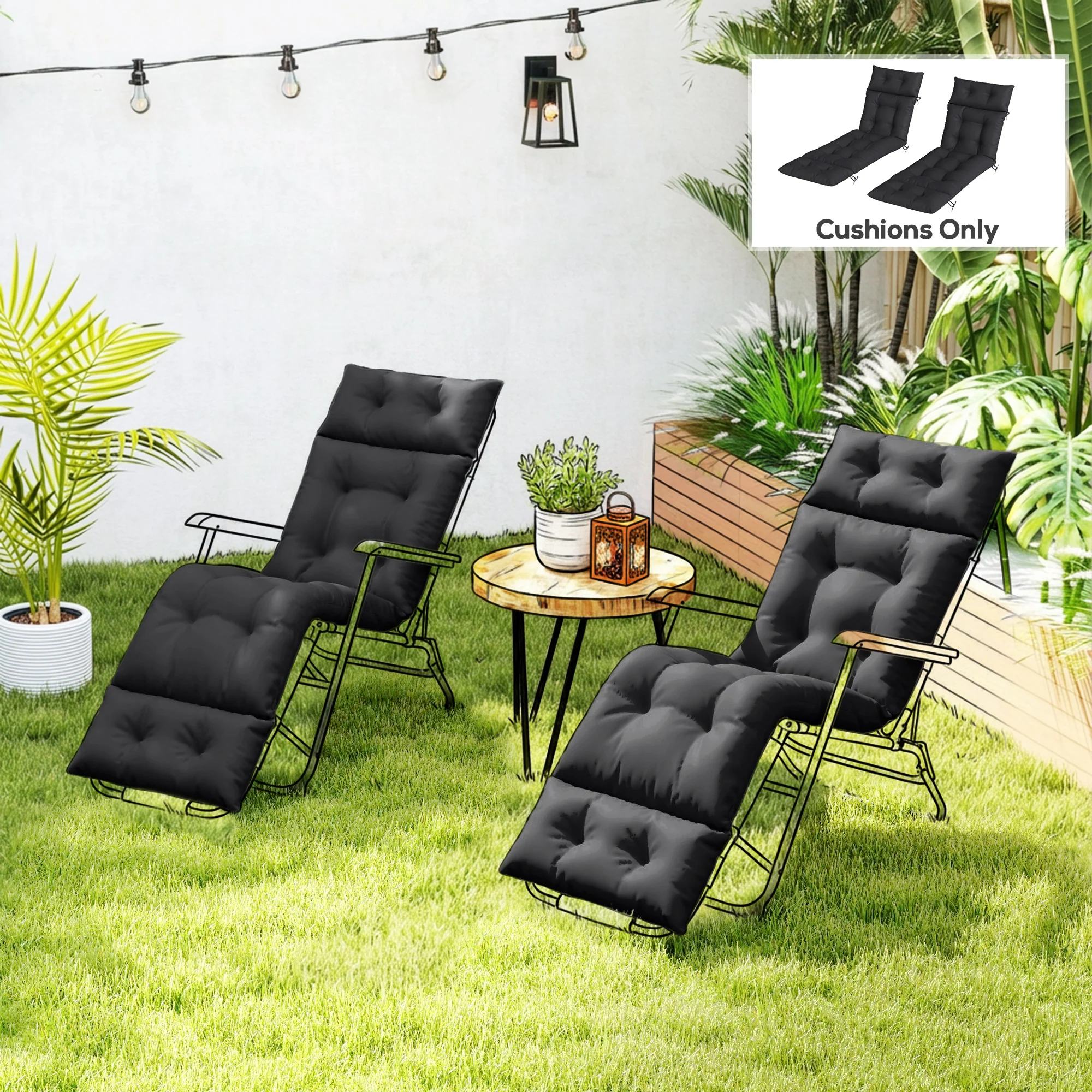 Outsunny Garden Lounge Chair Cushions Set of 2, 220gsm Fabric, Black - Image 2