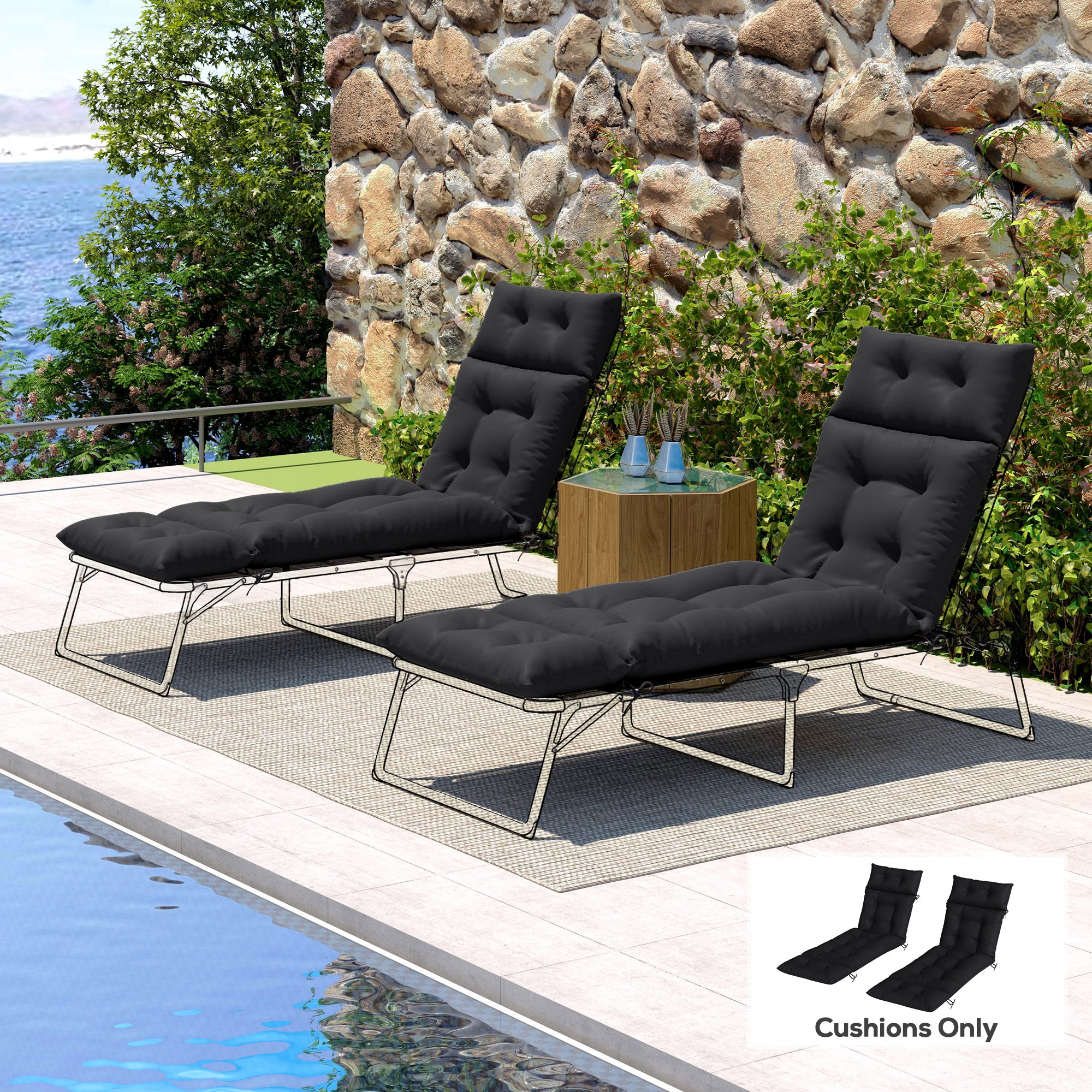 Outsunny Garden Lounge Chair Cushions Set of 2, 220gsm Fabric, Black - Image 8