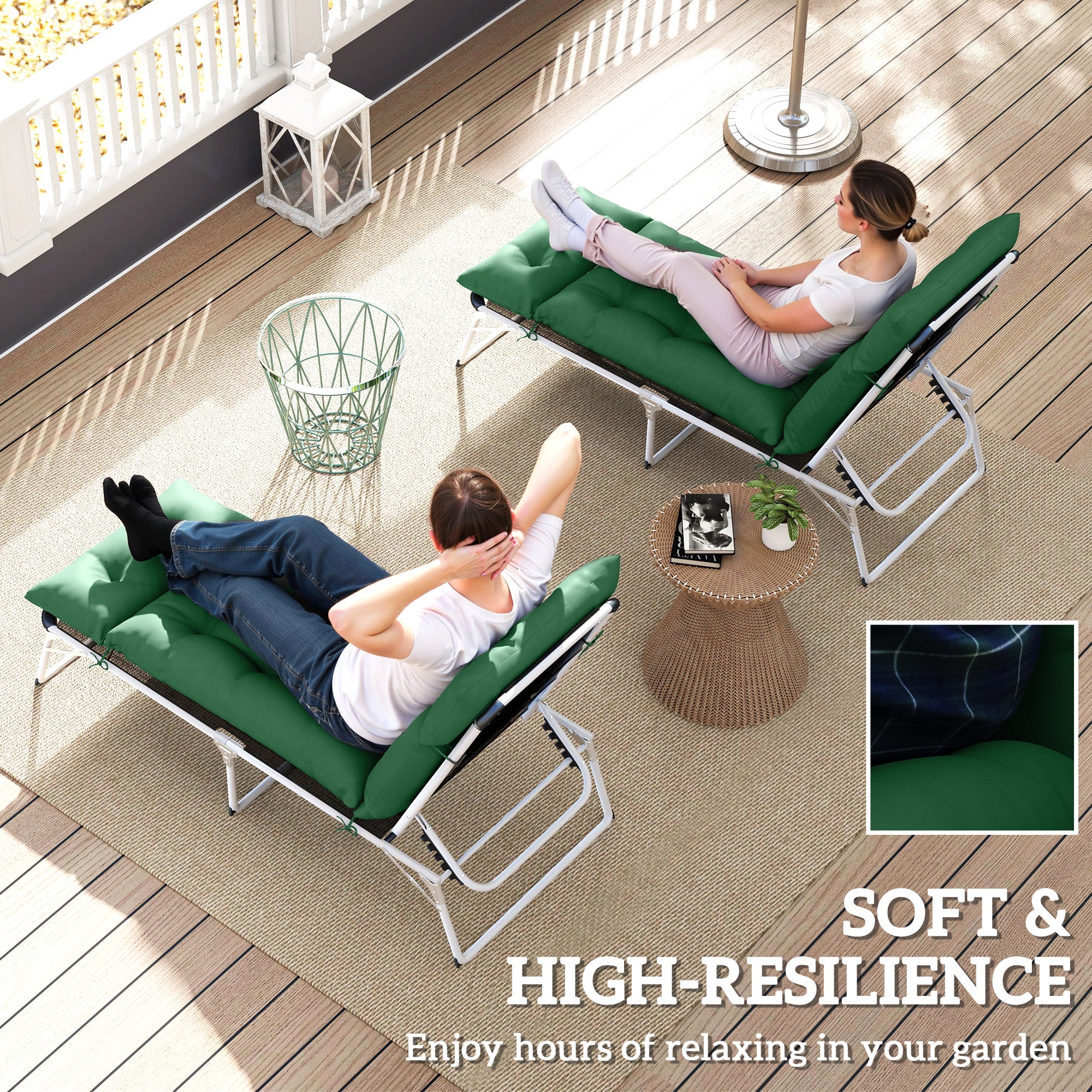 Outsunny Garden Lounge Chair Cushions Set of 2, 220gsm Fabric, Green - Image 4
