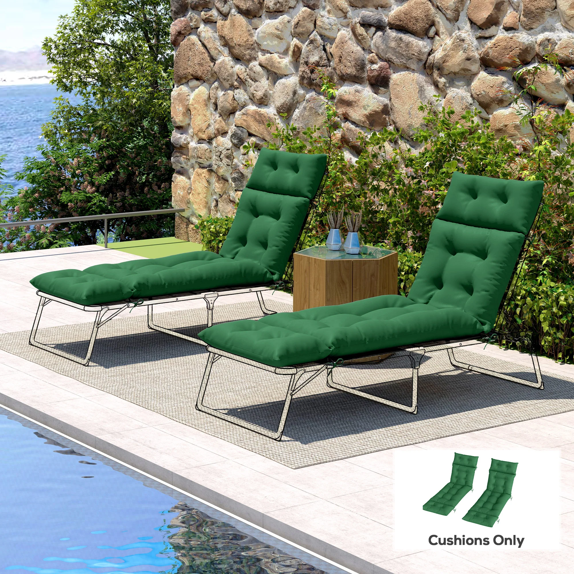 Outsunny Garden Lounge Chair Cushions Set of 2, 220gsm Fabric, Green - Image 8