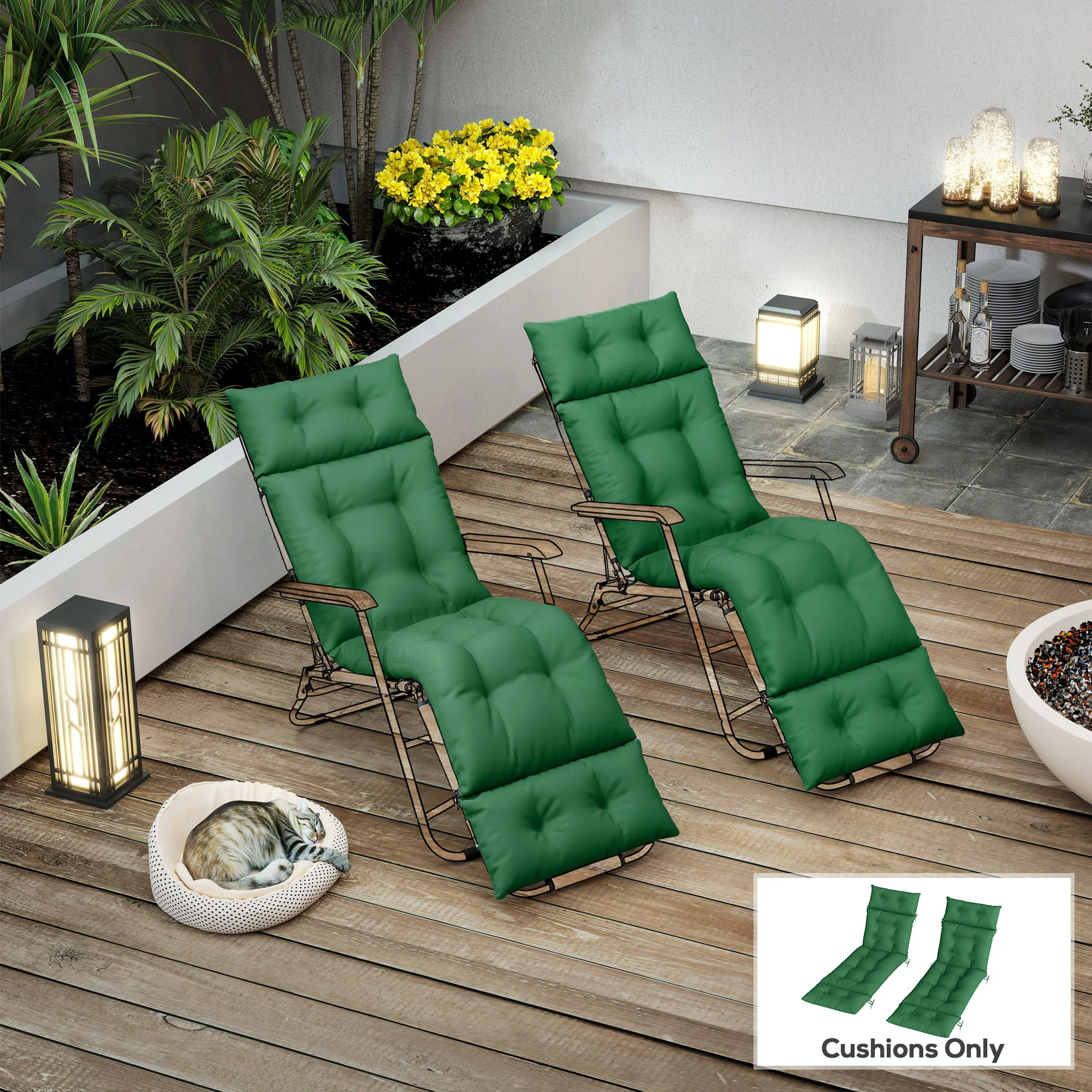 Outsunny Garden Lounge Chair Cushions Set of 2, 220gsm Fabric, Green - Image 9