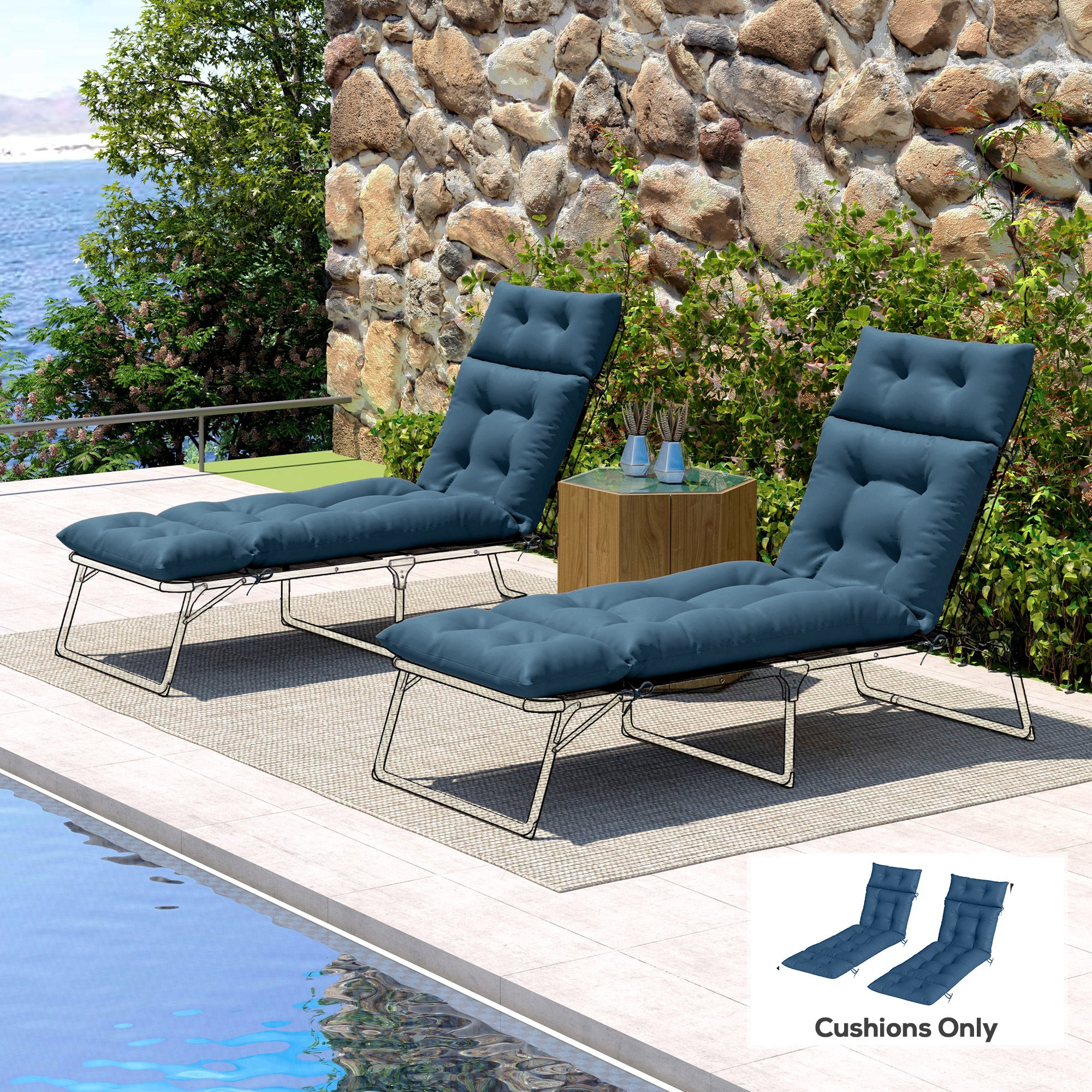 Outsunny Garden Lounge Chair Cushions Set of 2, 220gsm Fabric, Navy Blue - Image 8