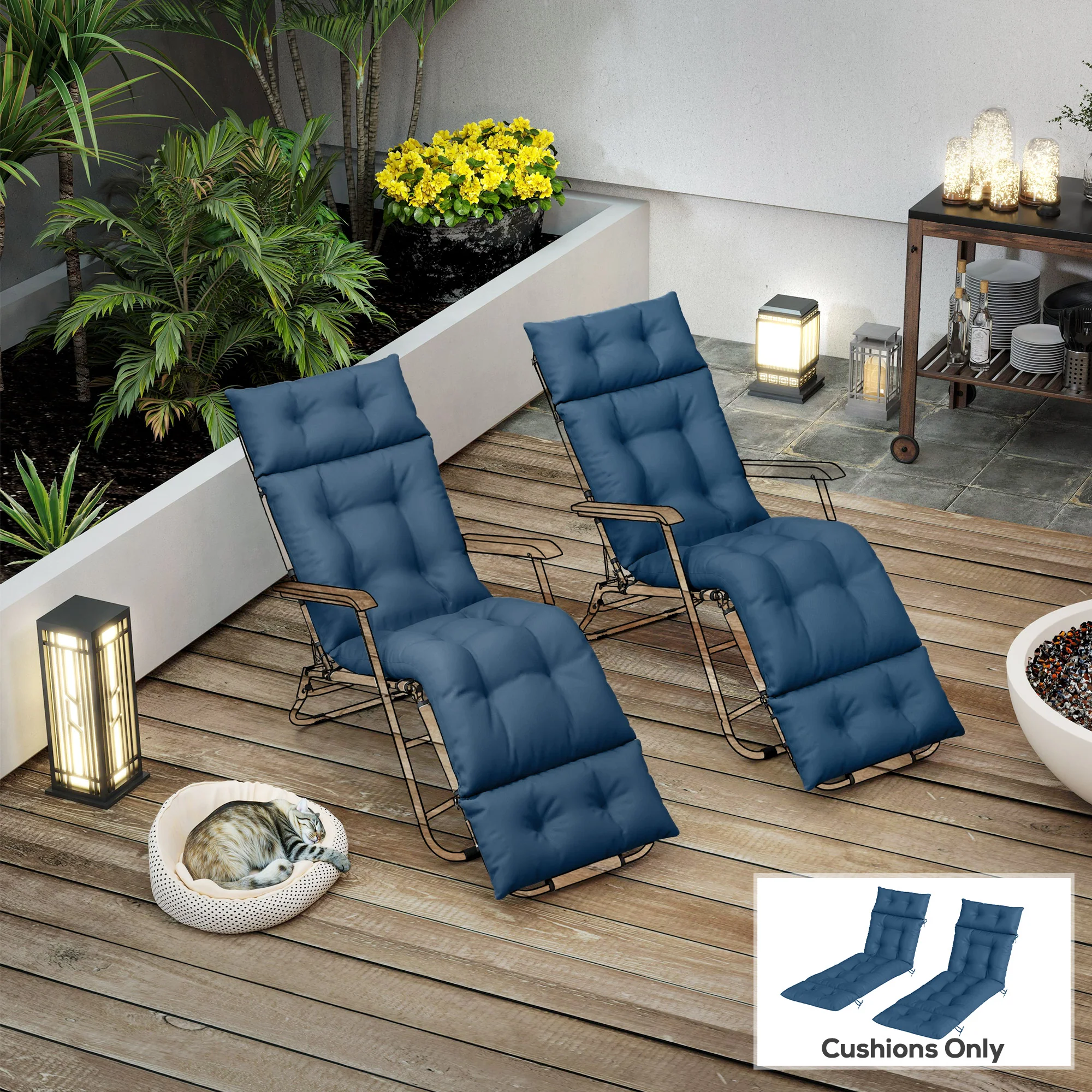 Outsunny Garden Lounge Chair Cushions Set of 2, 220gsm Fabric, Navy Blue - Image 9