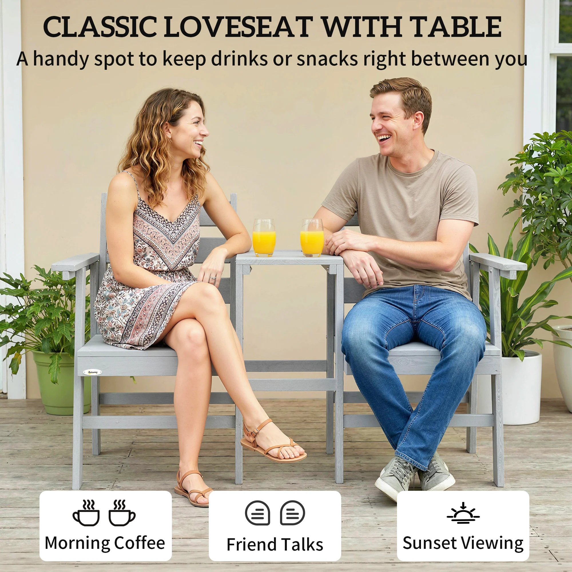 Outsunny Garden Loveseat, Embossed Wood Jack And Jill Garden Seat, Grey - Image 4