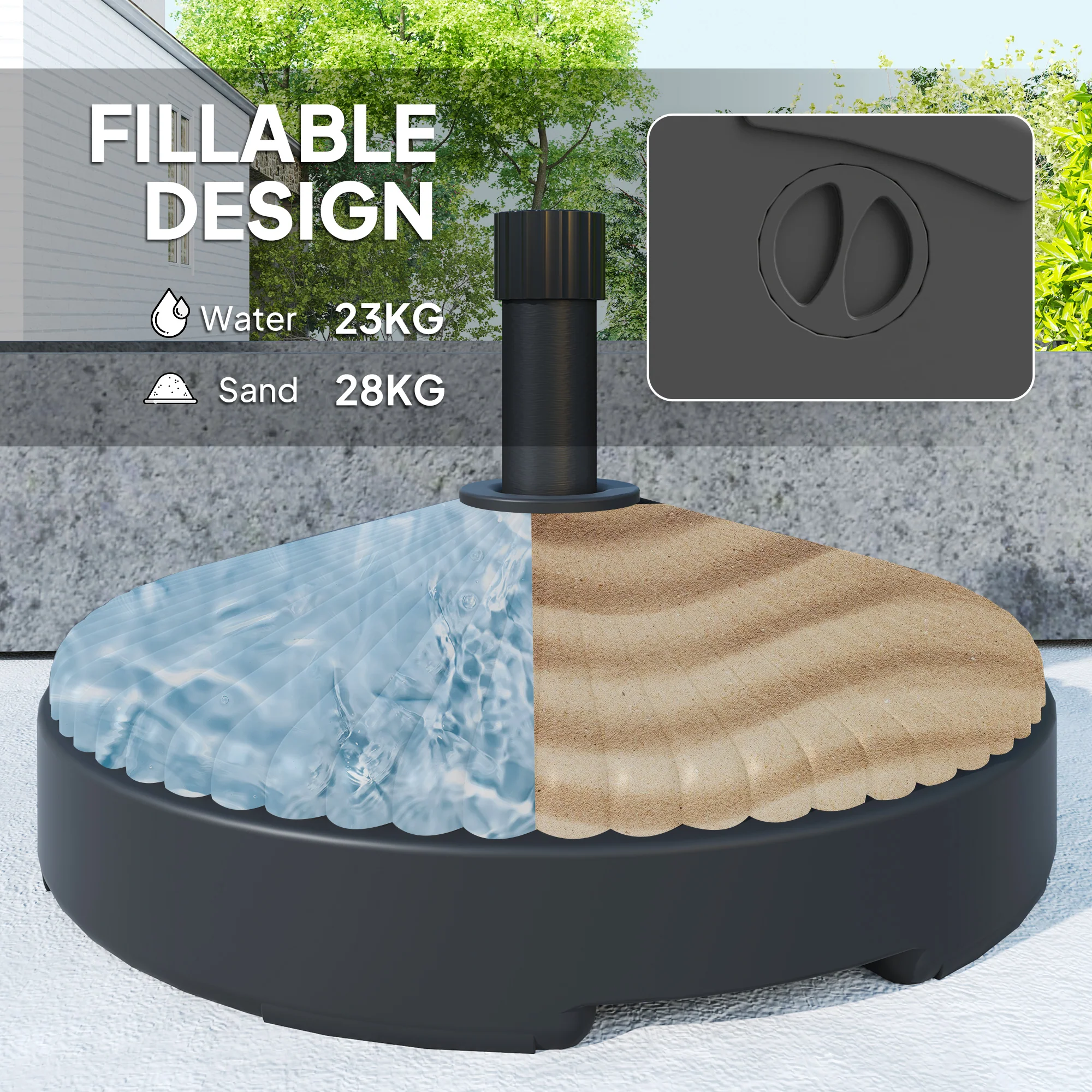 Outsunny Garden Parasol Base, 28kg Sand Filled, 23kg Water Filled, Black - Image 4