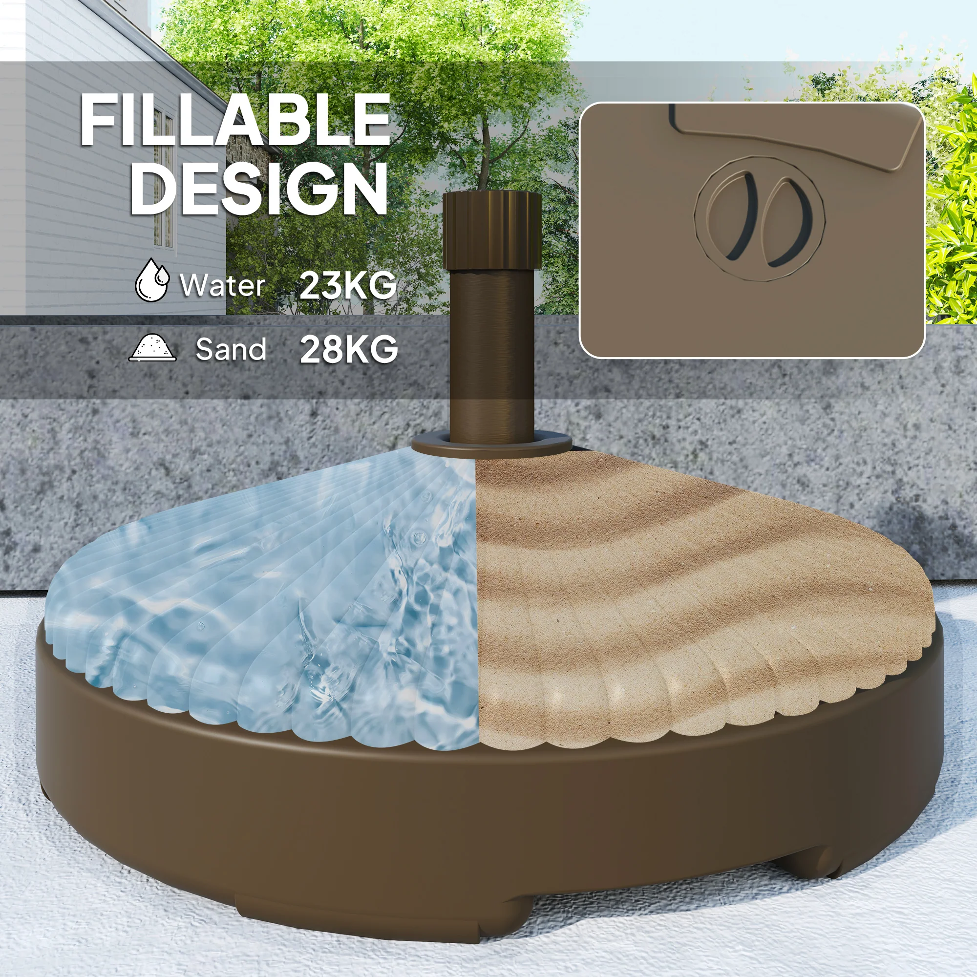Outsunny Garden Parasol Base, 28kg Sand Filled, 23kg Water Filled, Brown - Image 3
