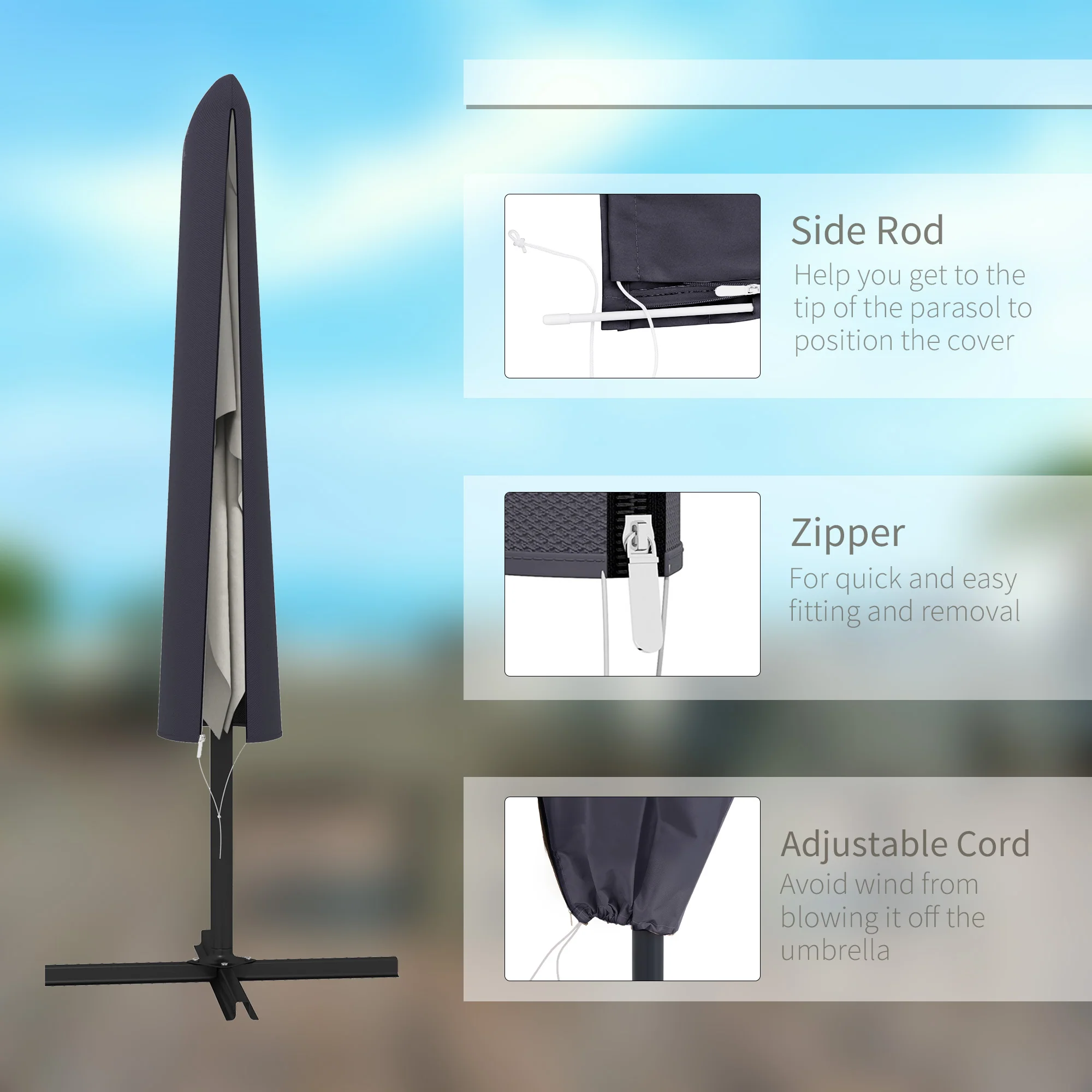 Outsunny Garden Parasol Cover For 2-4m Outdoor Umbrella Protector W/ Rod, Zipper - Image 13