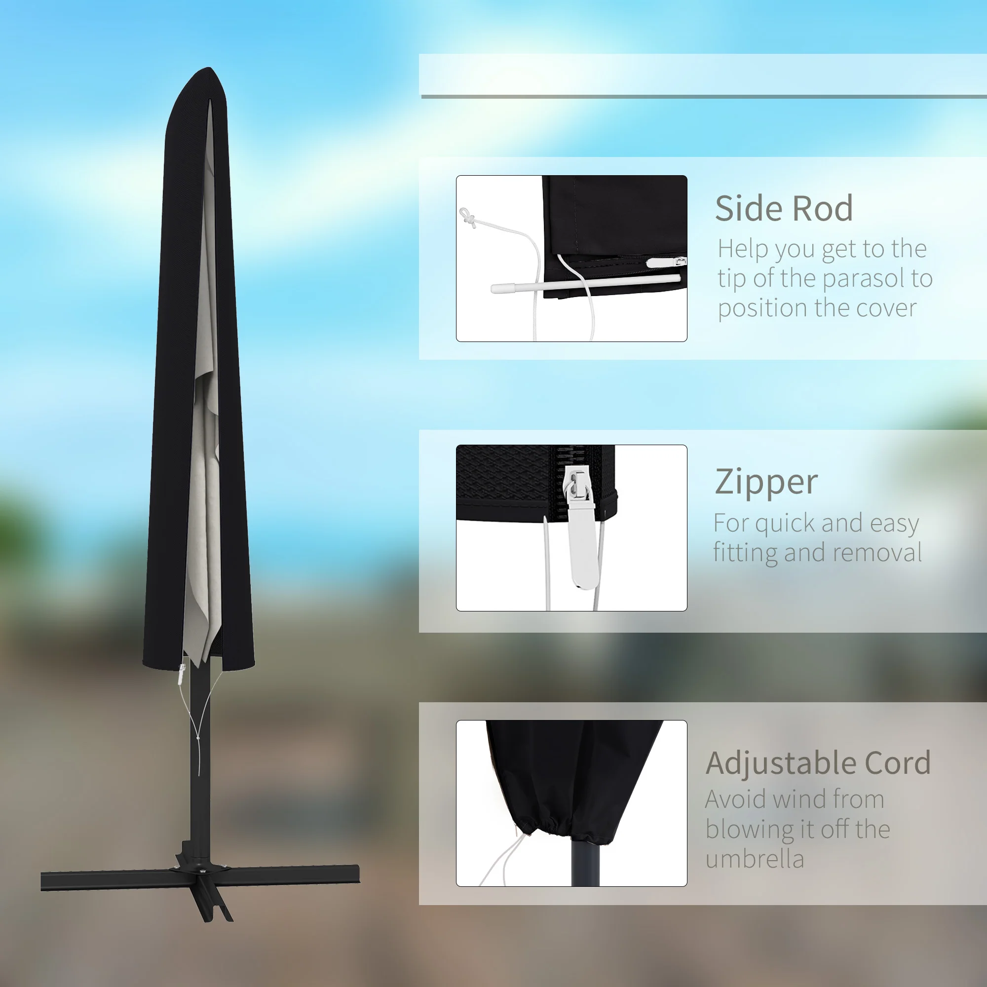 Outsunny Garden Parasol Cover For 2-4m Outdoor Umbrella Protector W/ Rod, Zipper - Image 4