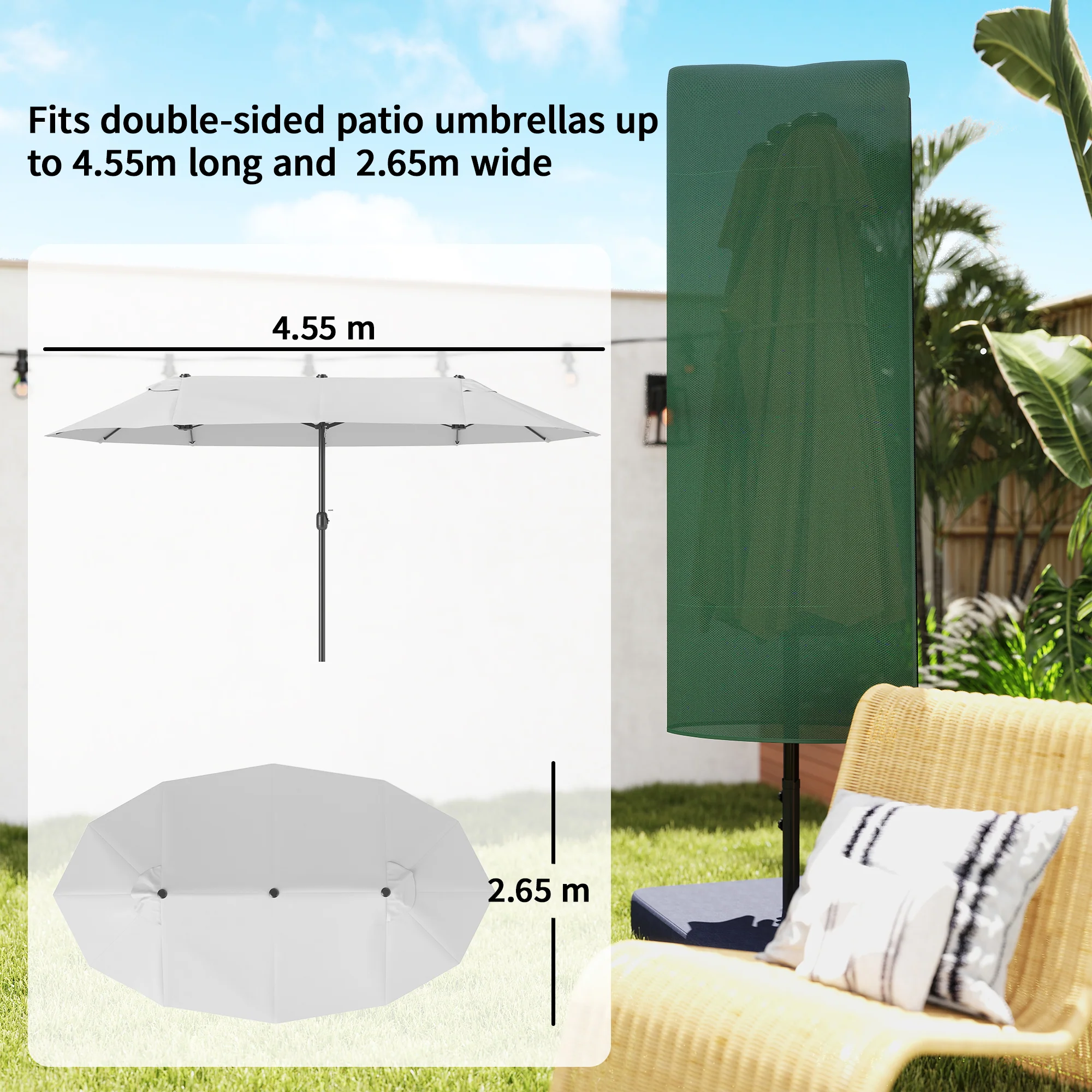 Outsunny Garden Parasol Cover For 2-4m Umbrella Protector, Dark Green - Image 4