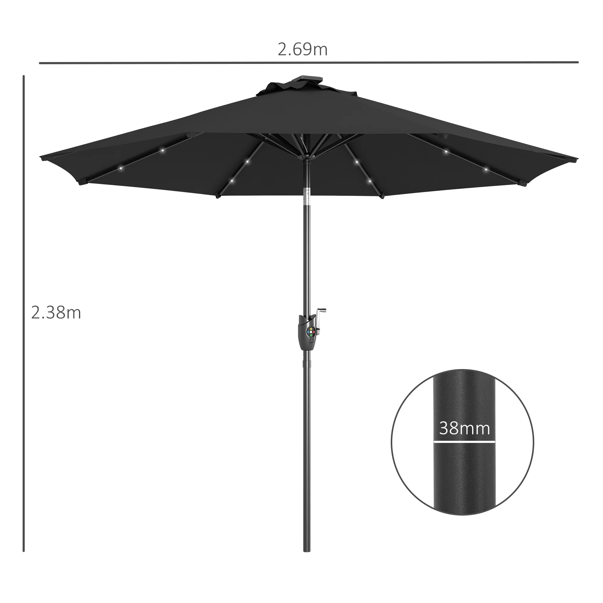 Outsunny Garden Parasol Outdoor Tilt Sun Umbrella LED Light Hand Crank Black - Image 5
