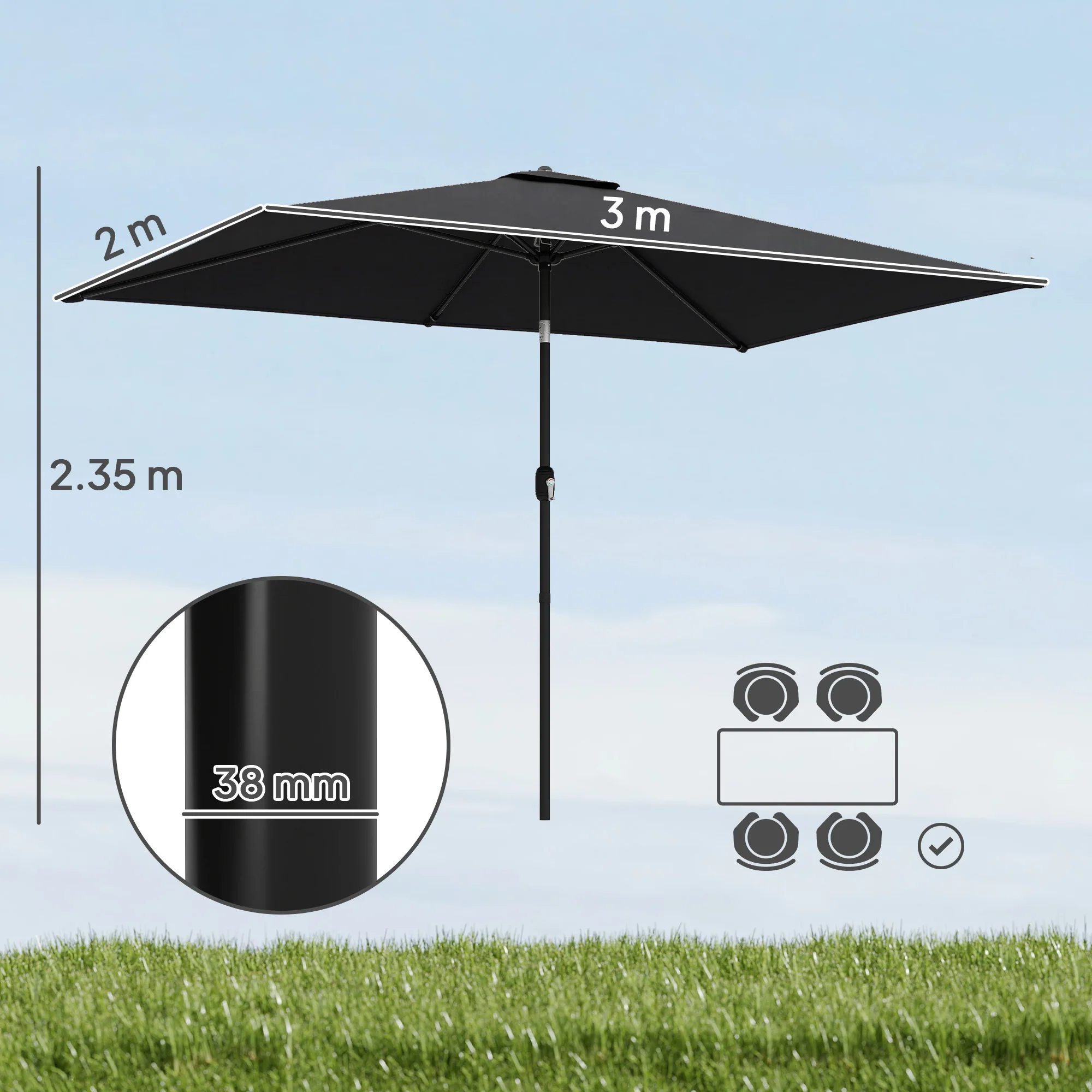 Outsunny Garden Parasol, Outdoor Umbrella With Tilt Function, Black - Image 3