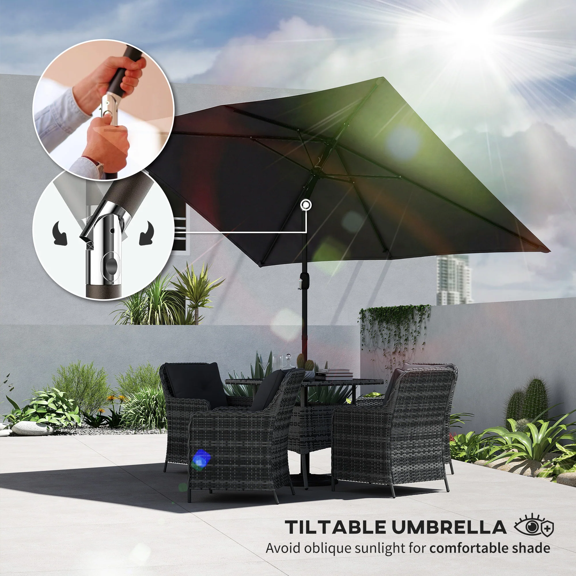 Outsunny Garden Parasol, Outdoor Umbrella With Tilt Function, Black - Image 4