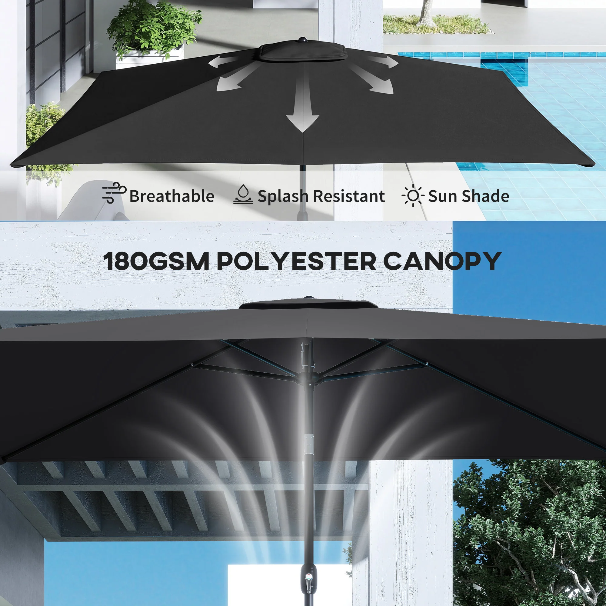 Outsunny Garden Parasol, Outdoor Umbrella With Tilt Function, Black - Image 5