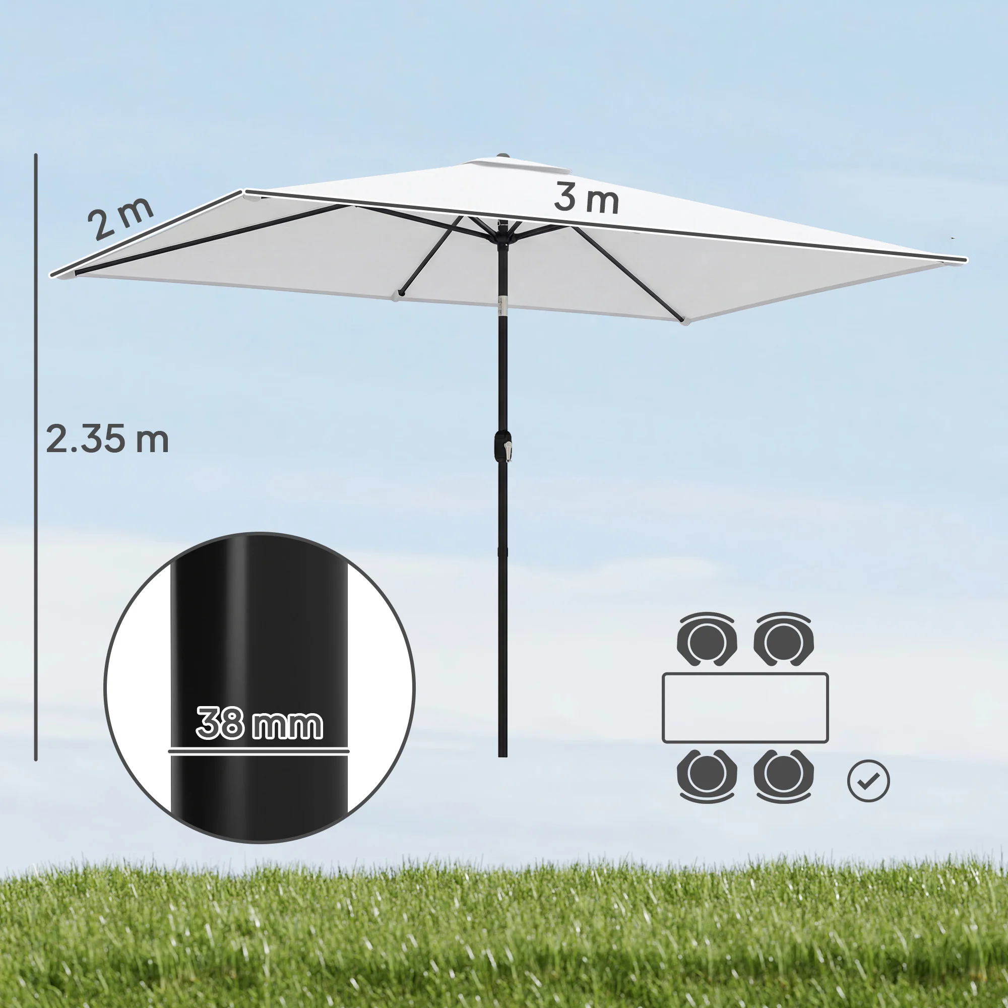 Outsunny Garden Parasol, Outdoor Umbrella With Tilt Function, Cream White - Image 3