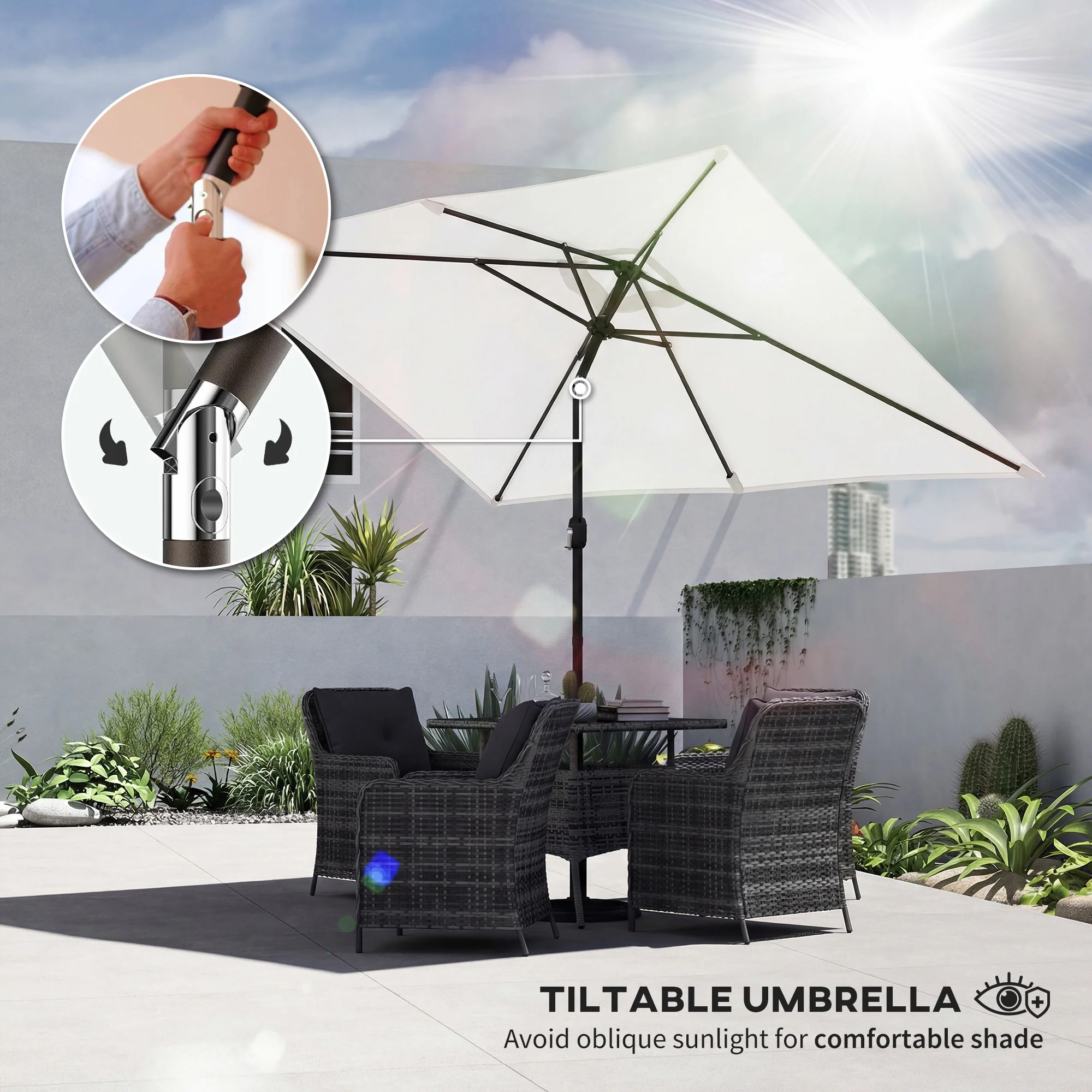 Outsunny Garden Parasol, Outdoor Umbrella With Tilt Function, Cream White - Image 4