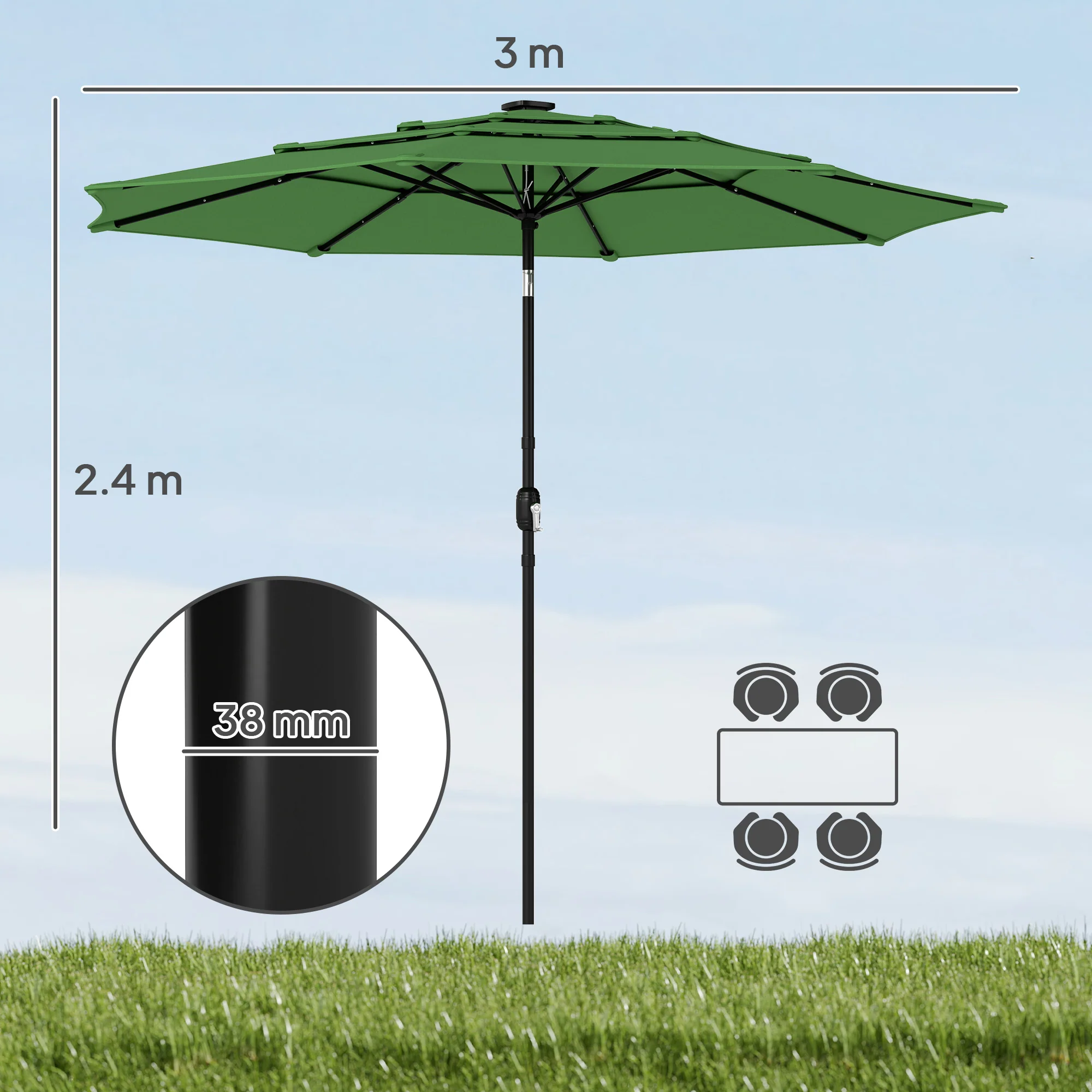 Outsunny Garden Parasol, Outdoor Umbrella With Tilt Function, Green - Image 3