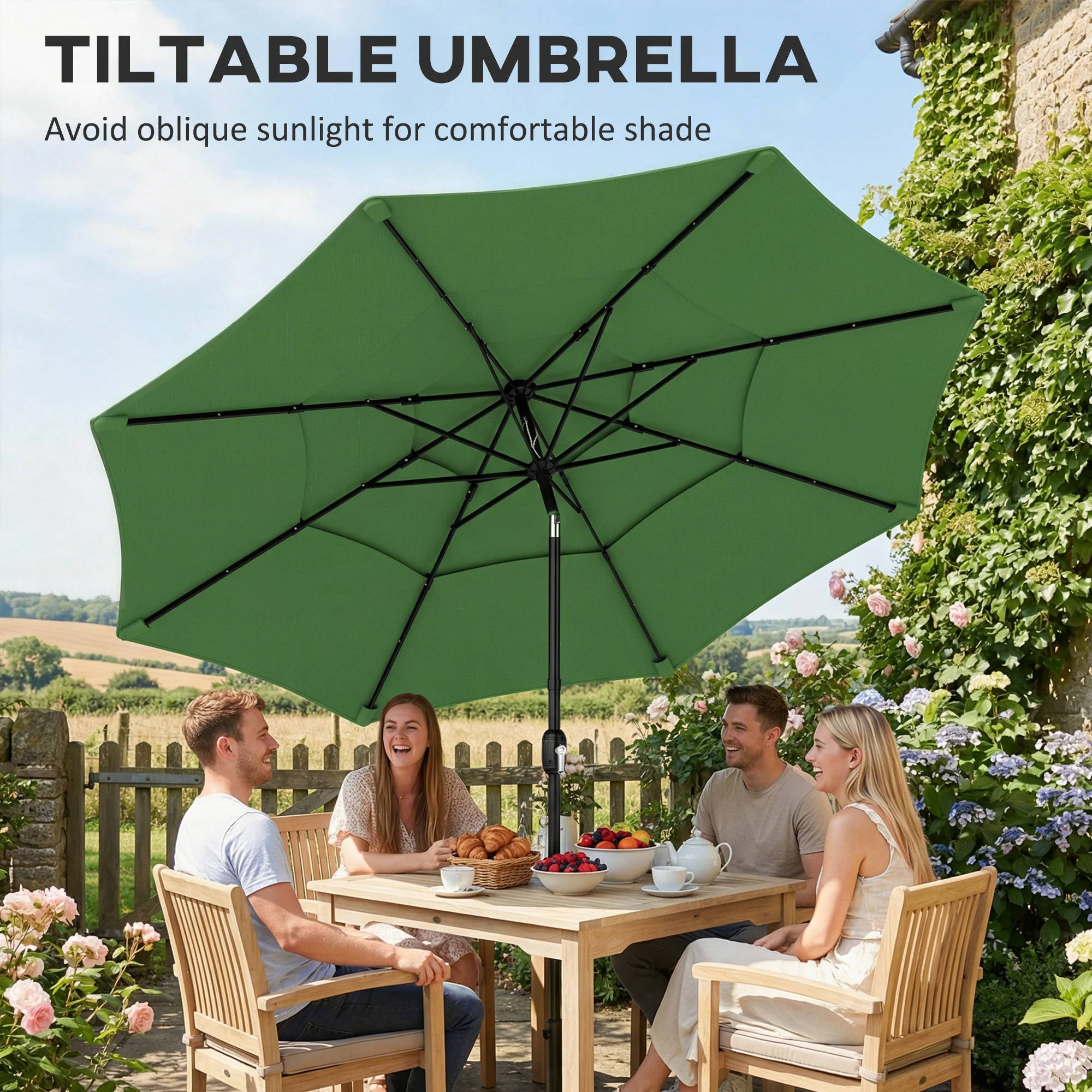 Outsunny Garden Parasol, Outdoor Umbrella With Tilt Function, Green - Image 4