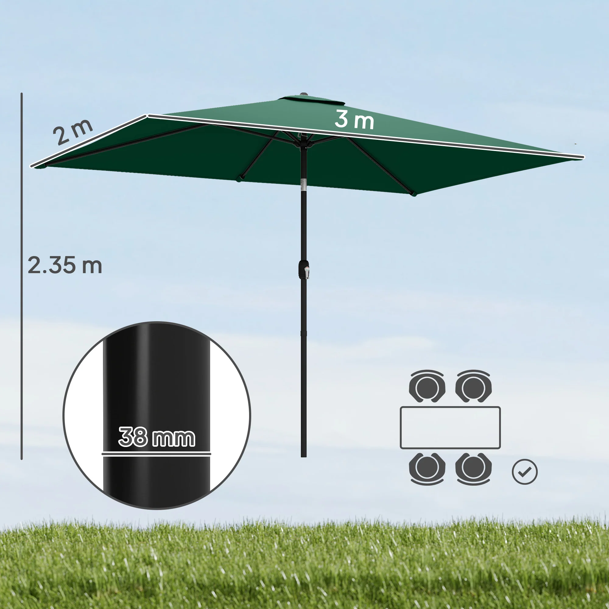 Outsunny Garden Parasol, Outdoor Umbrella With Tilt Function, Green - Image 3