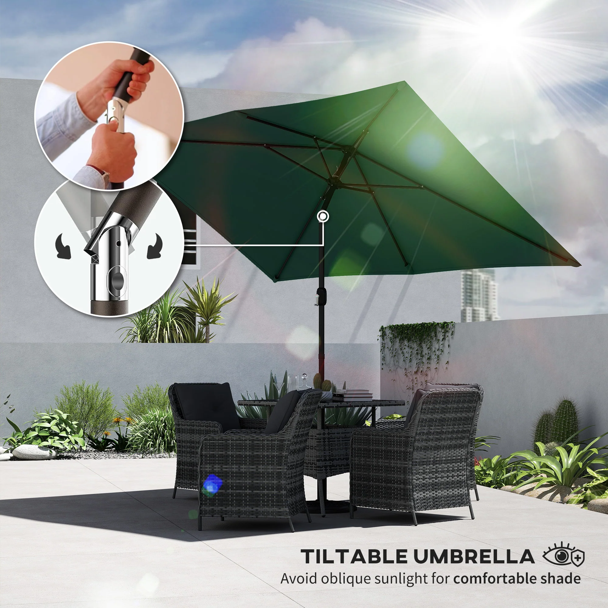 Outsunny Garden Parasol, Outdoor Umbrella With Tilt Function, Green - Image 4