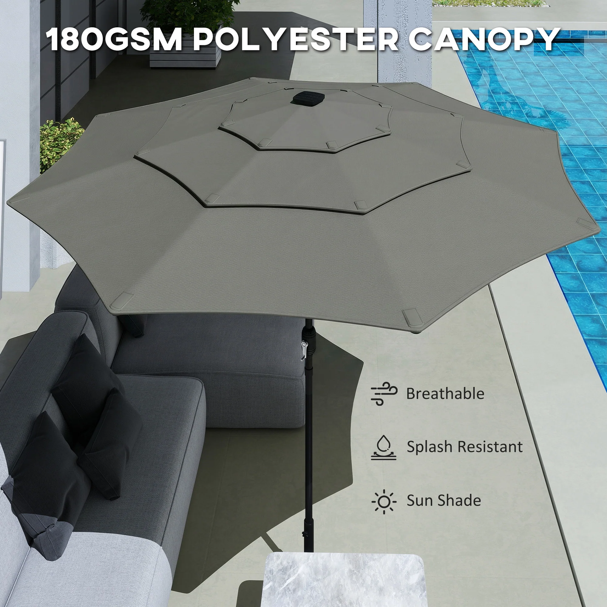 Outsunny Garden Parasol, Outdoor Umbrella With Tilt Function, Grey - Image 5